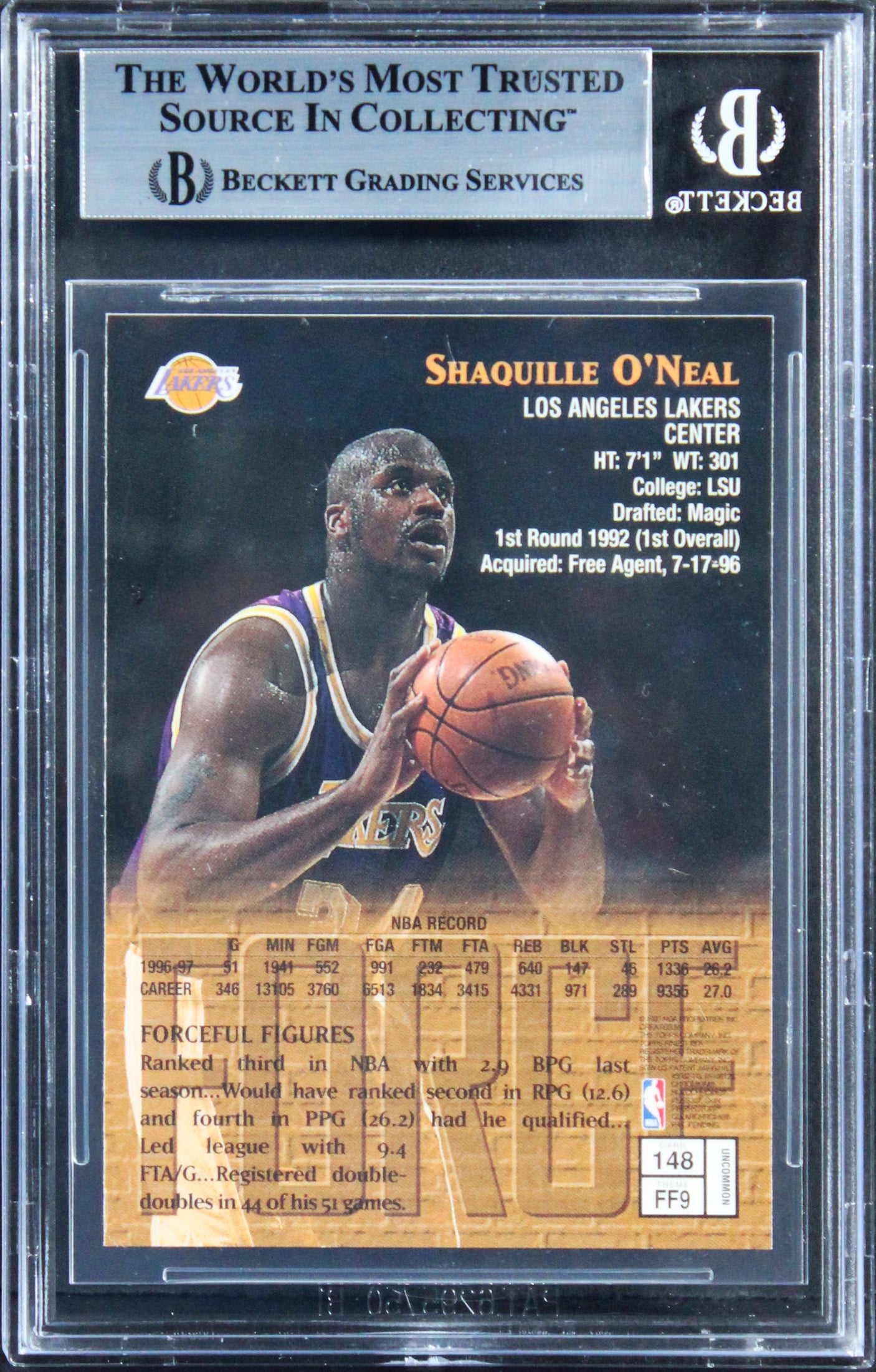 Lakers Shaquille O'Neal Signed 1997 Finest Embossed #148 Card BAS Slabbed