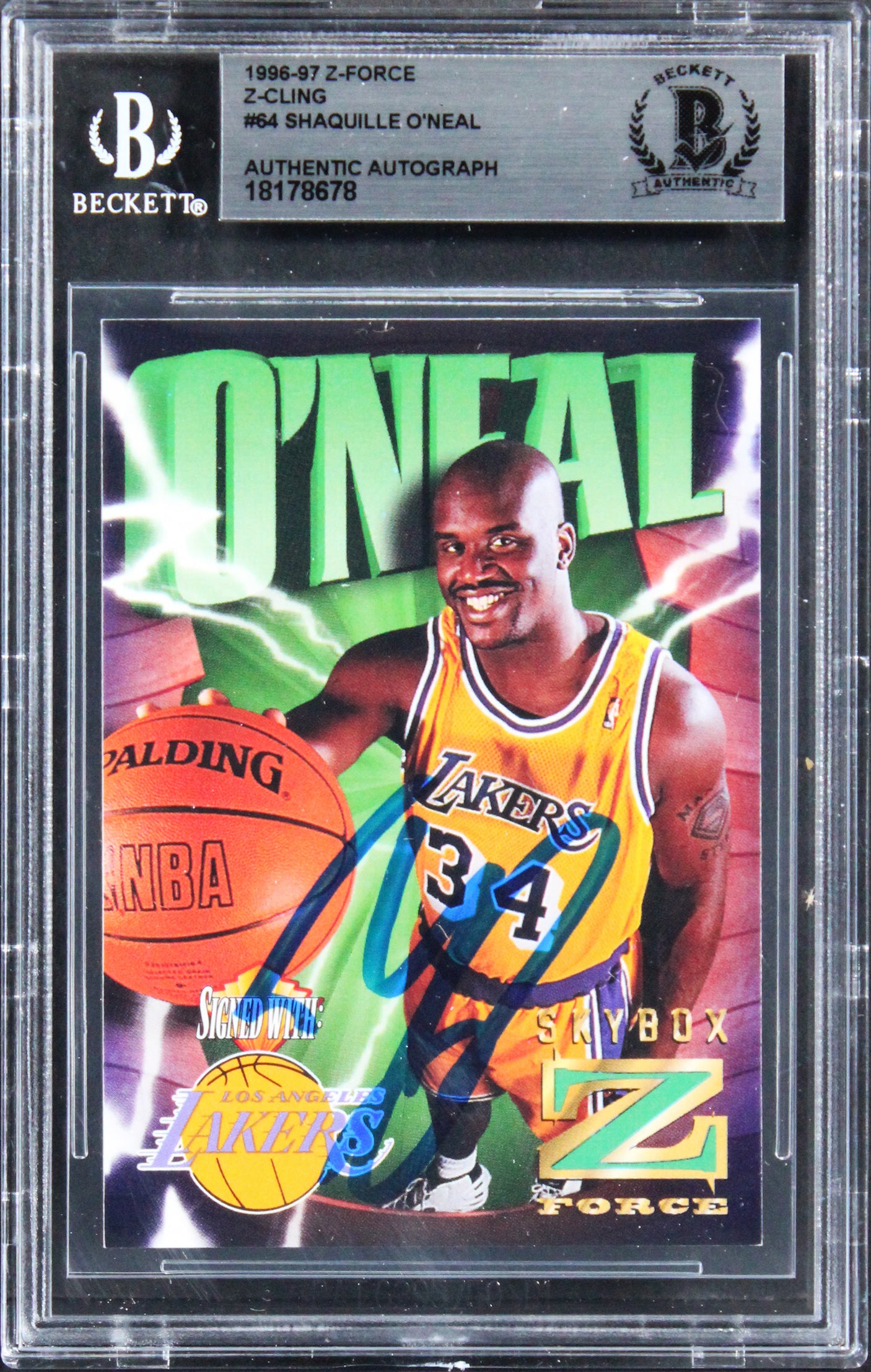 Lakers Shaquille O'Neal Signed 1996 Z-Force Z-Cling #64 Card BAS Slabbed