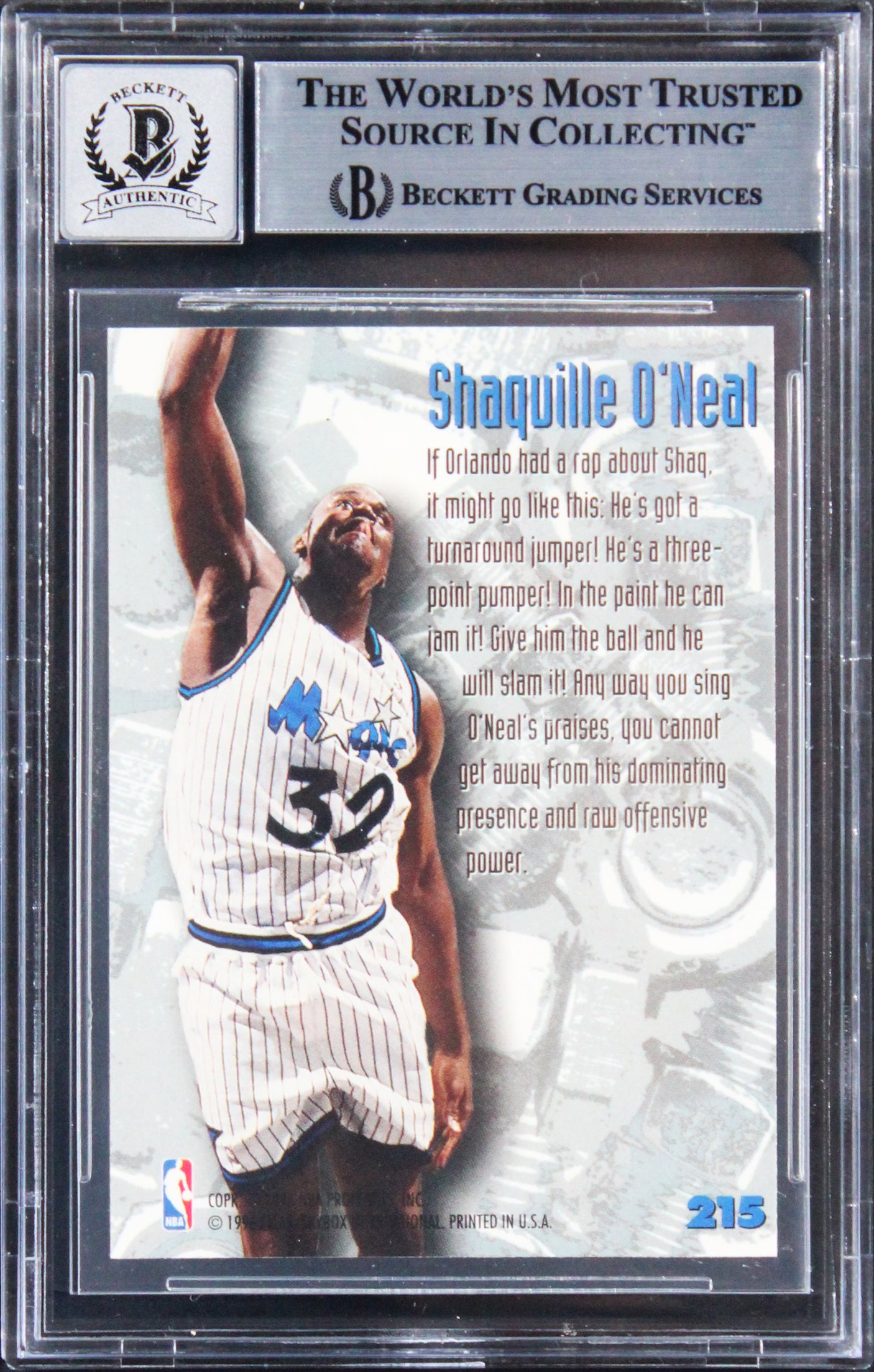 Magic Shaquille O'Neal Signed 1995 Metal #215 Card Auto Graded 10! BAS Slabbed