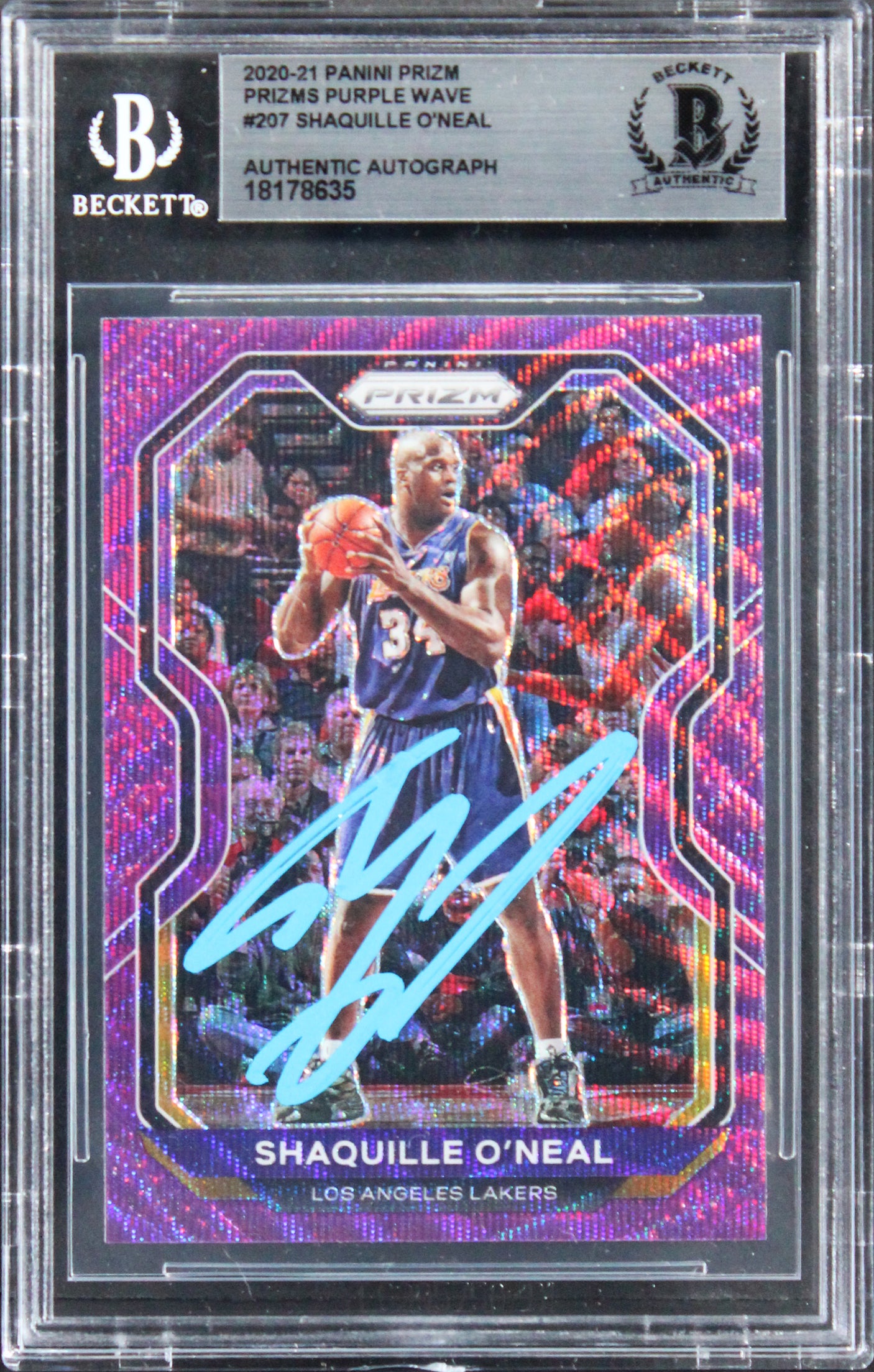 Lakers Shaquille O'Neal Signed 2020 Panini Prizm Purple Wave #207 Card BAS Slab