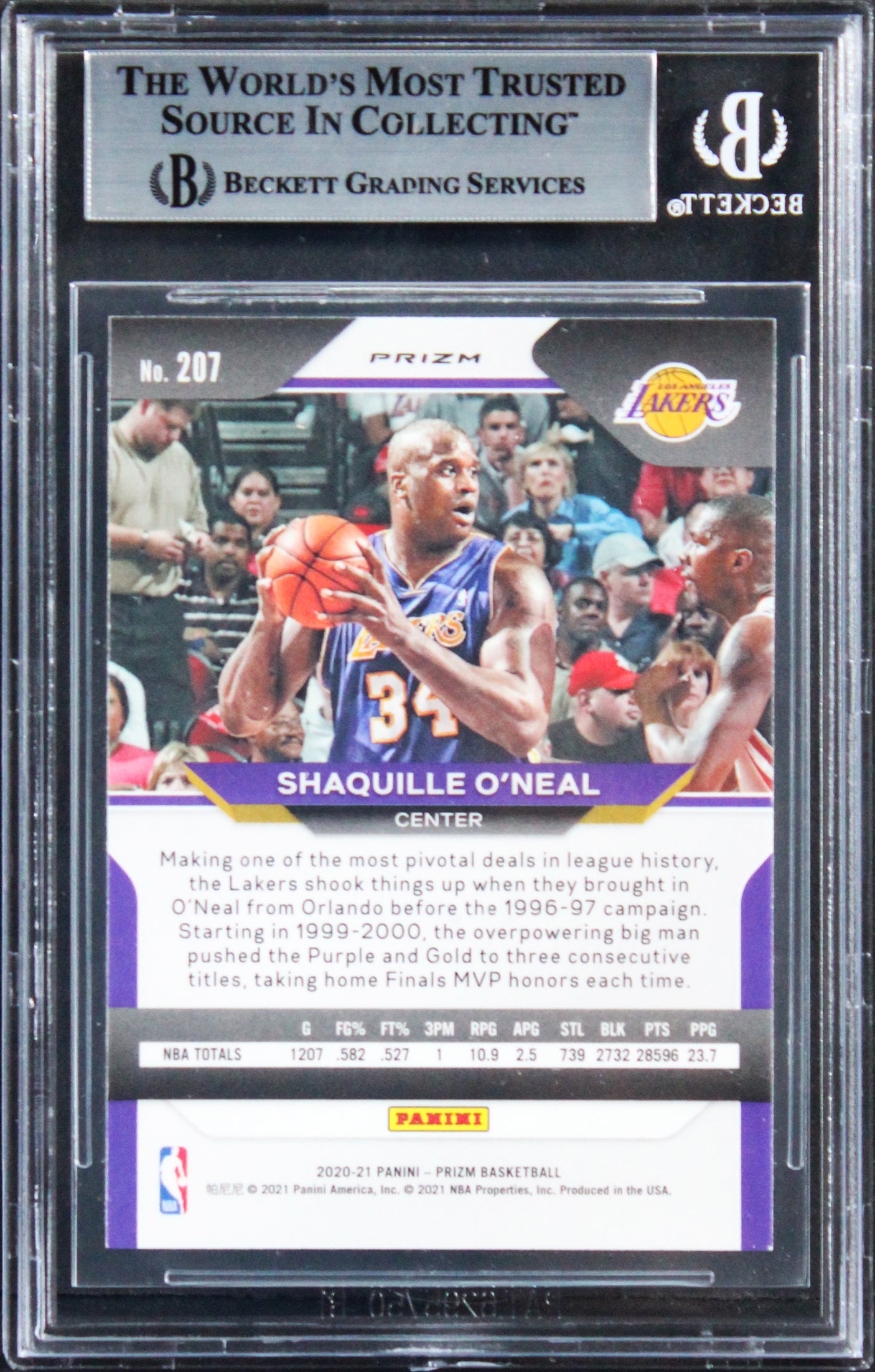 Lakers Shaquille O'Neal Signed 2020 Panini Prizm Purple Wave #207 Card BAS Slab