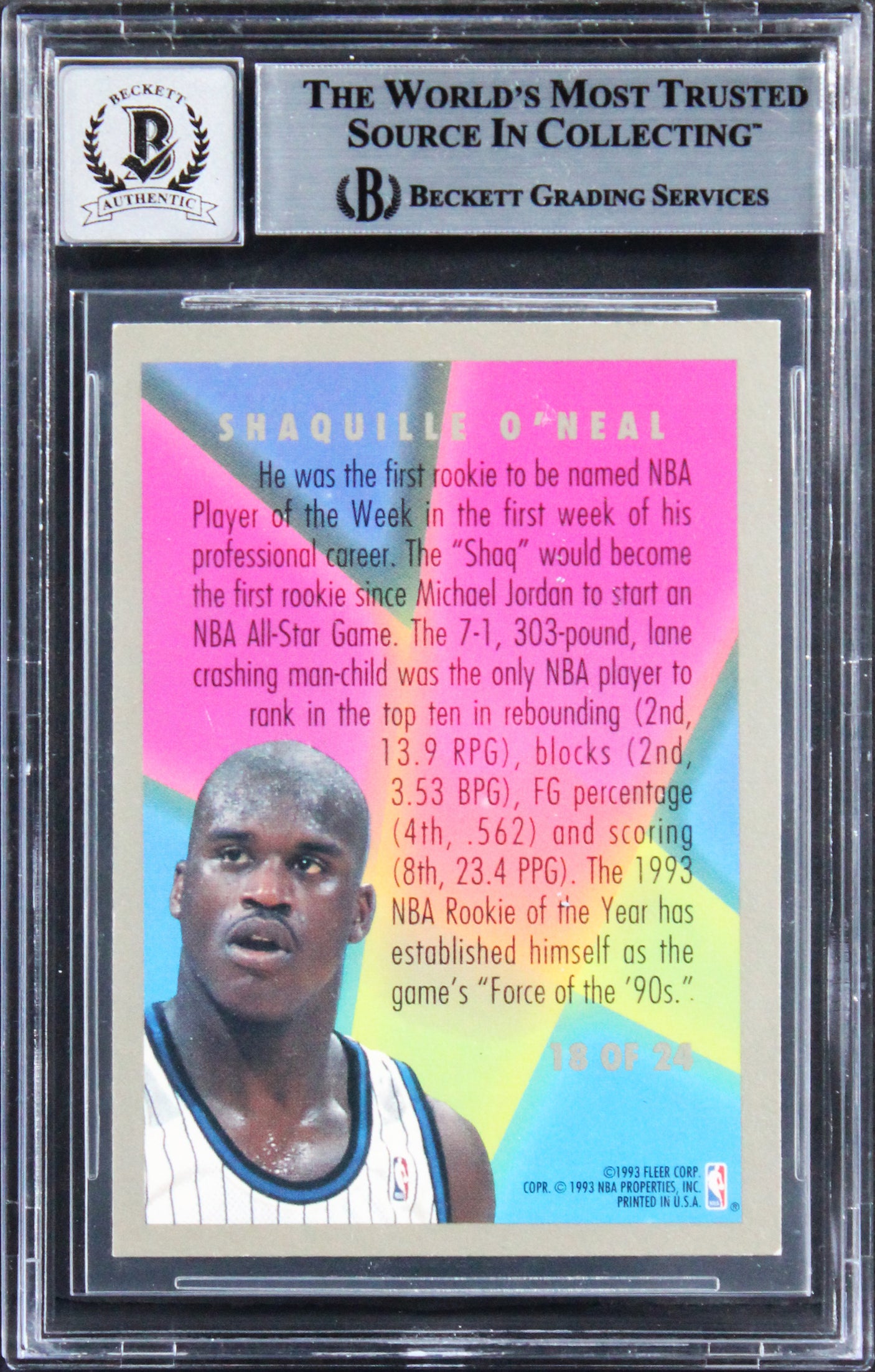 Shaquille O'Neal Signed 1993 Fleer Rookie Sensations #18 Card Auto 10! BAS Slab