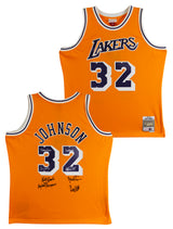 Showtime Lakers (6) Johnson, Worthy, Rambis +3 Signed Yellow M&N Jersey BAS Wit