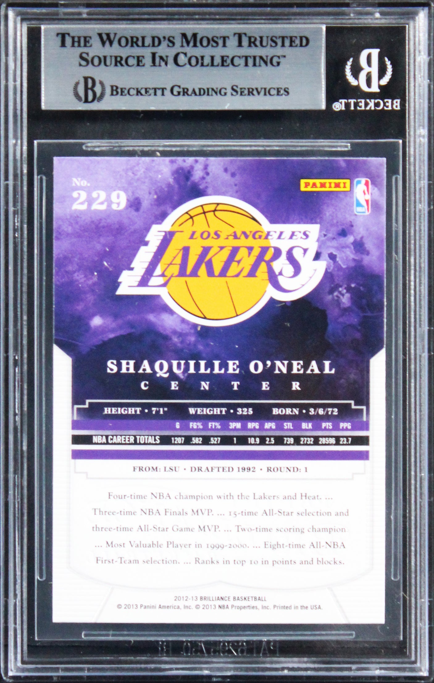 Lakers Shaquille O'Neal Signed 2012 Panini Brilliance #229 Card BAS Slabbed