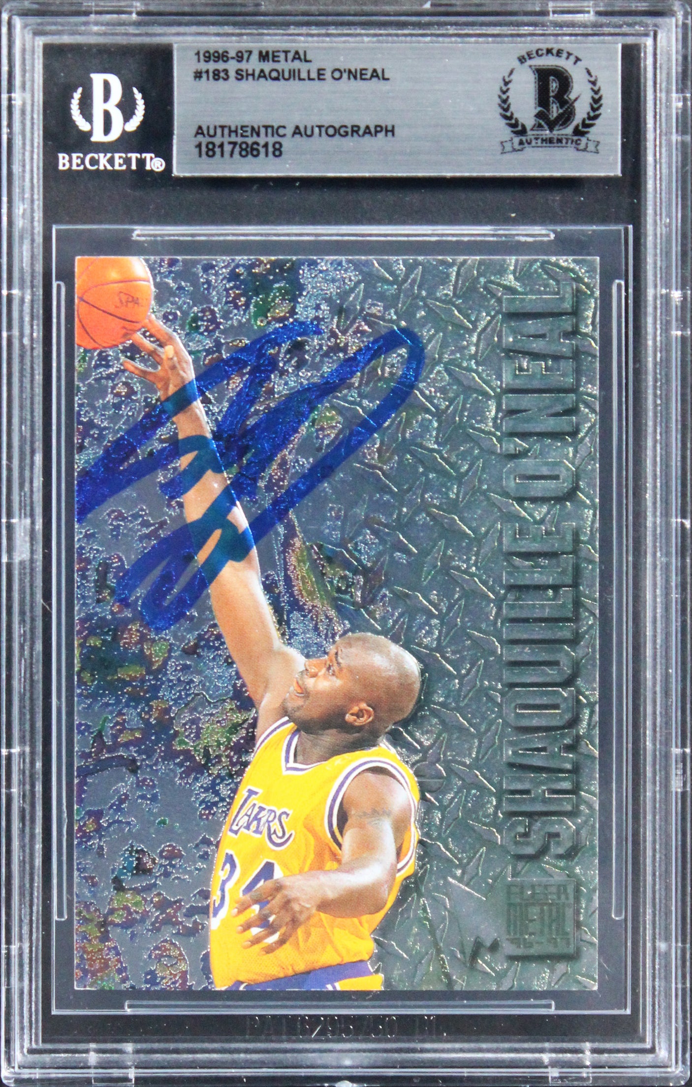 Lakers Shaquille O'Neal Authentic Signed 1996 Metal #183 Card BAS Slabbed