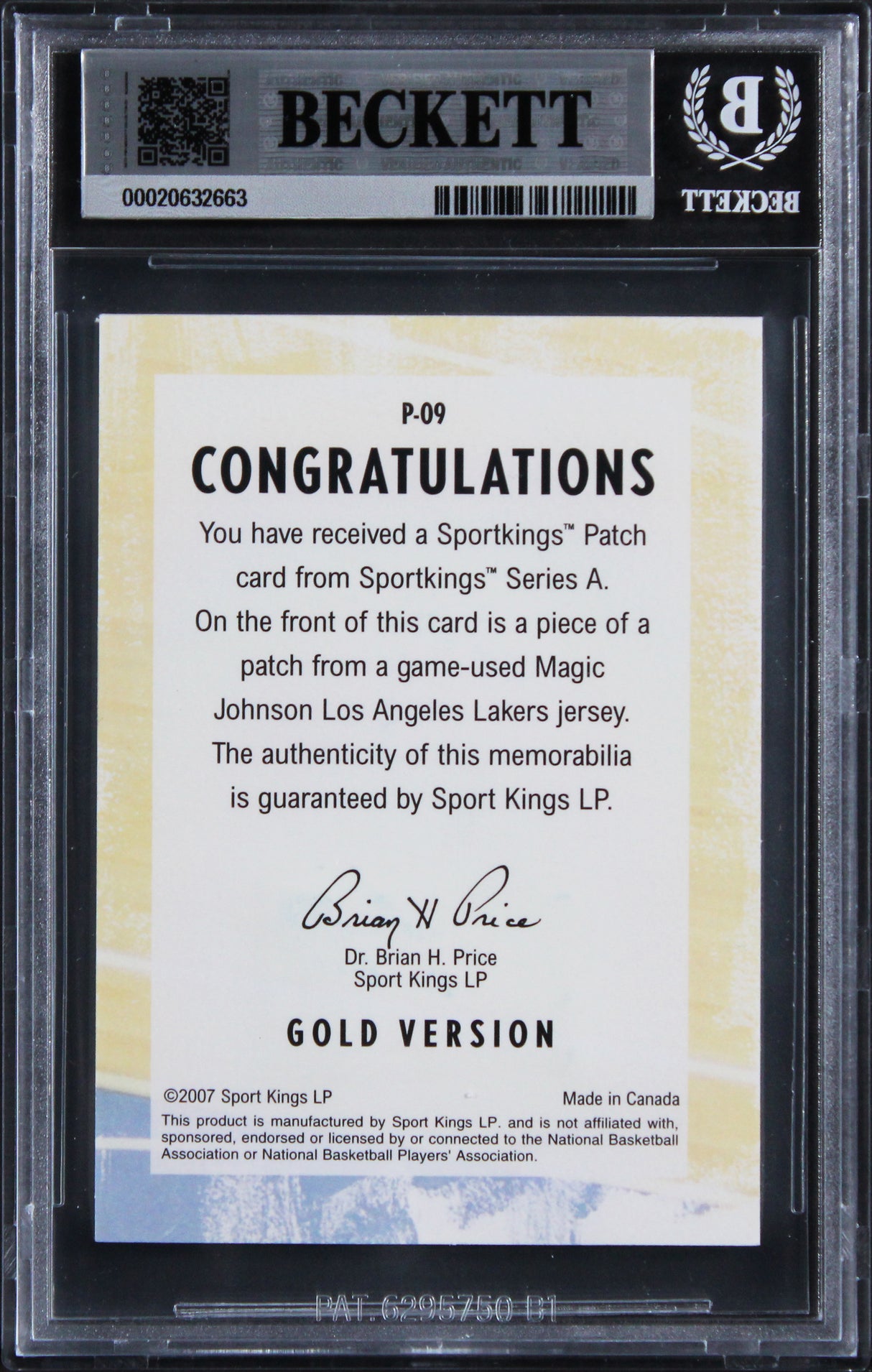 Lakers Magic Johnson Signed 2007 Sportkings Patch #P9 Card Auto 10! BAS Slabbed
