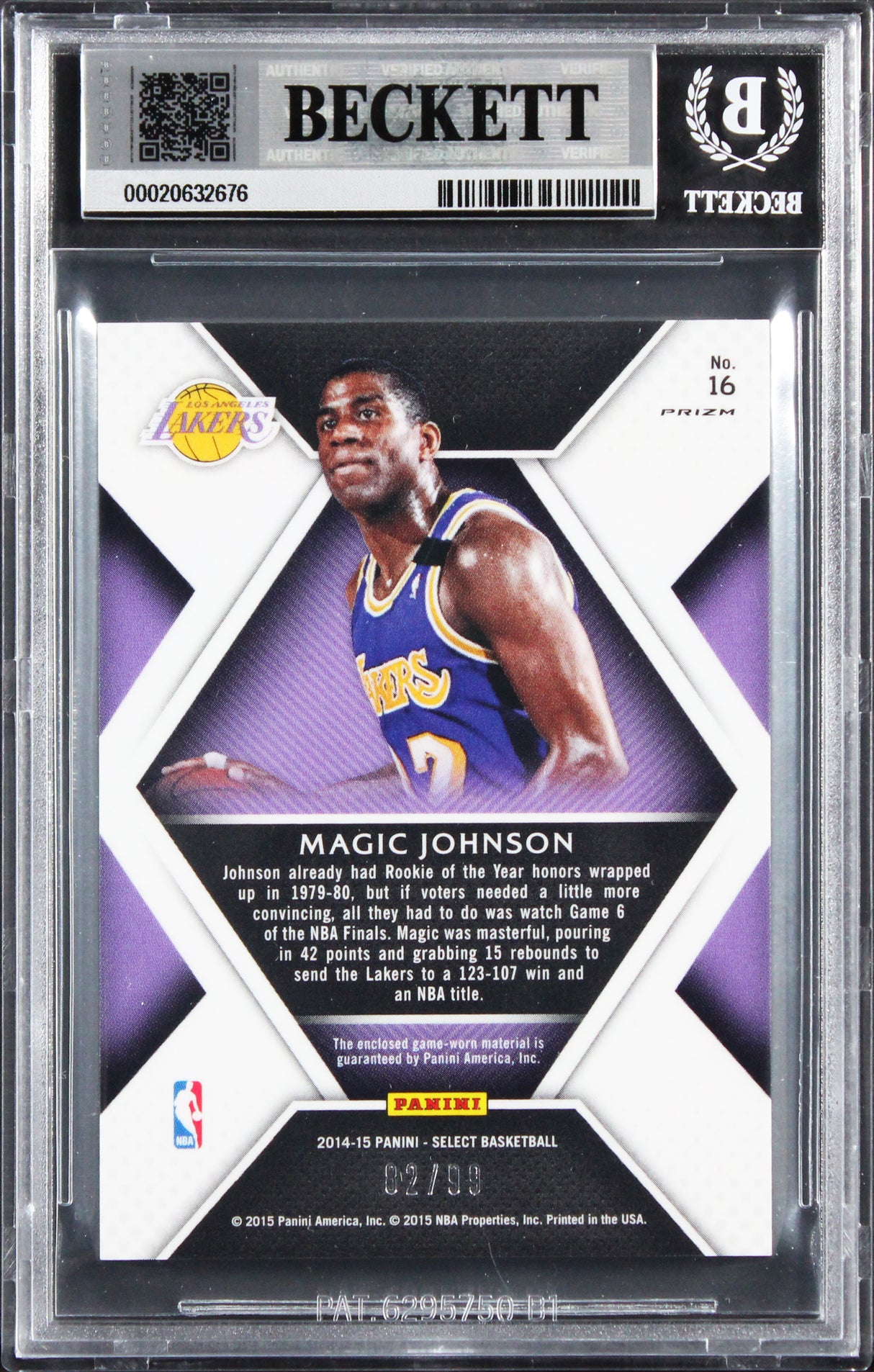 Magic Johnson Signed 2014 Select Swatches #16 82/99 Card Auto 10! BAS Slabbed