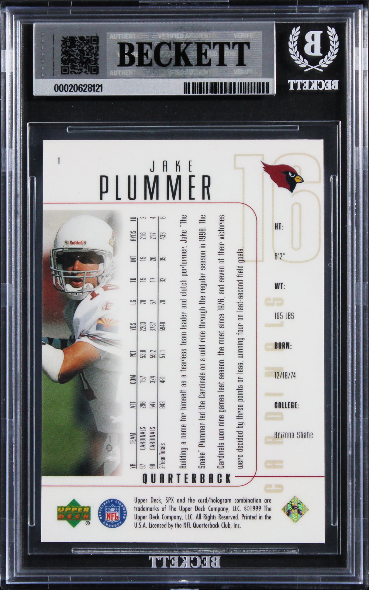 Cardinals Jake Plummer Signed 1999 SPX #1 Card Auto Grade Mint 10! BAS Slabbed