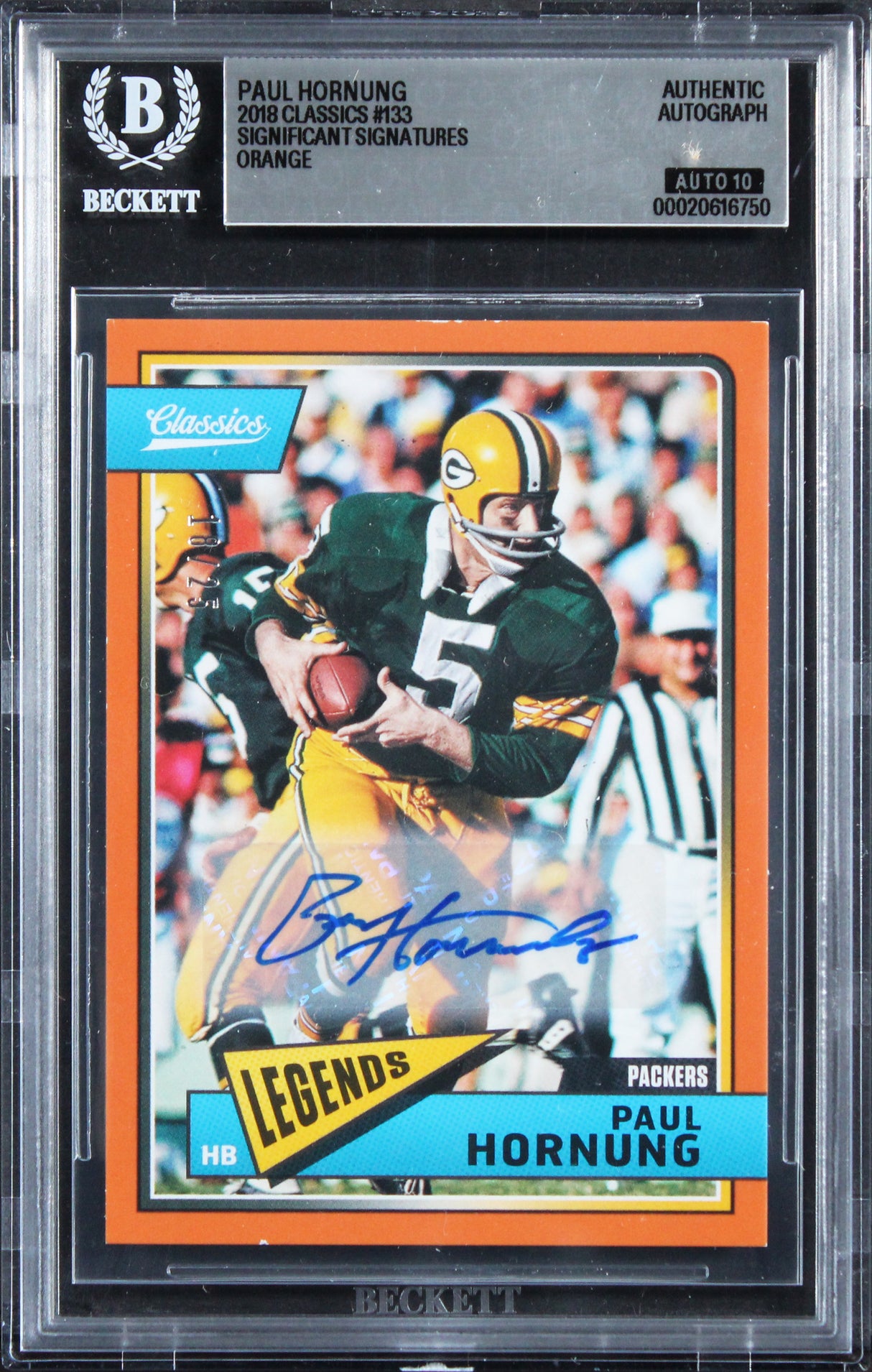 Packers Paul Hornung Signed 2018 Classics Orange #133 Card Auto 10! BAS Slabbed