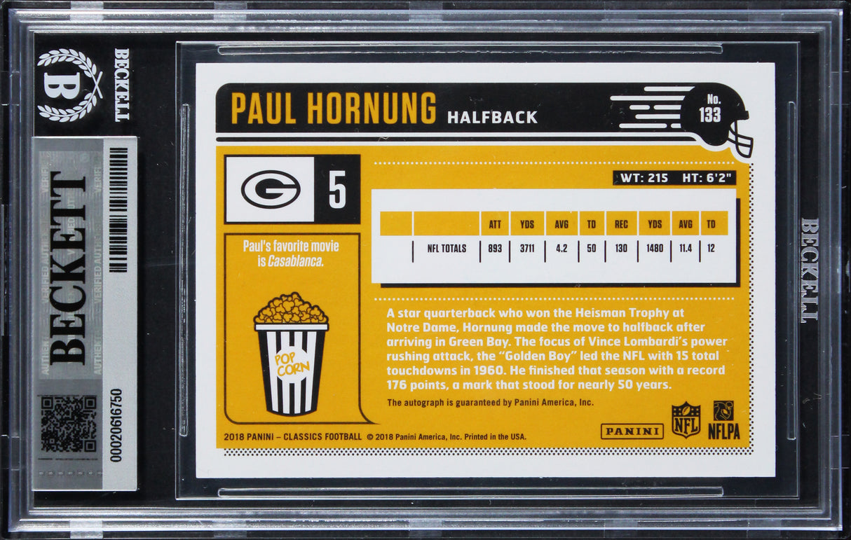 Packers Paul Hornung Signed 2018 Classics Orange #133 Card Auto 10! BAS Slabbed
