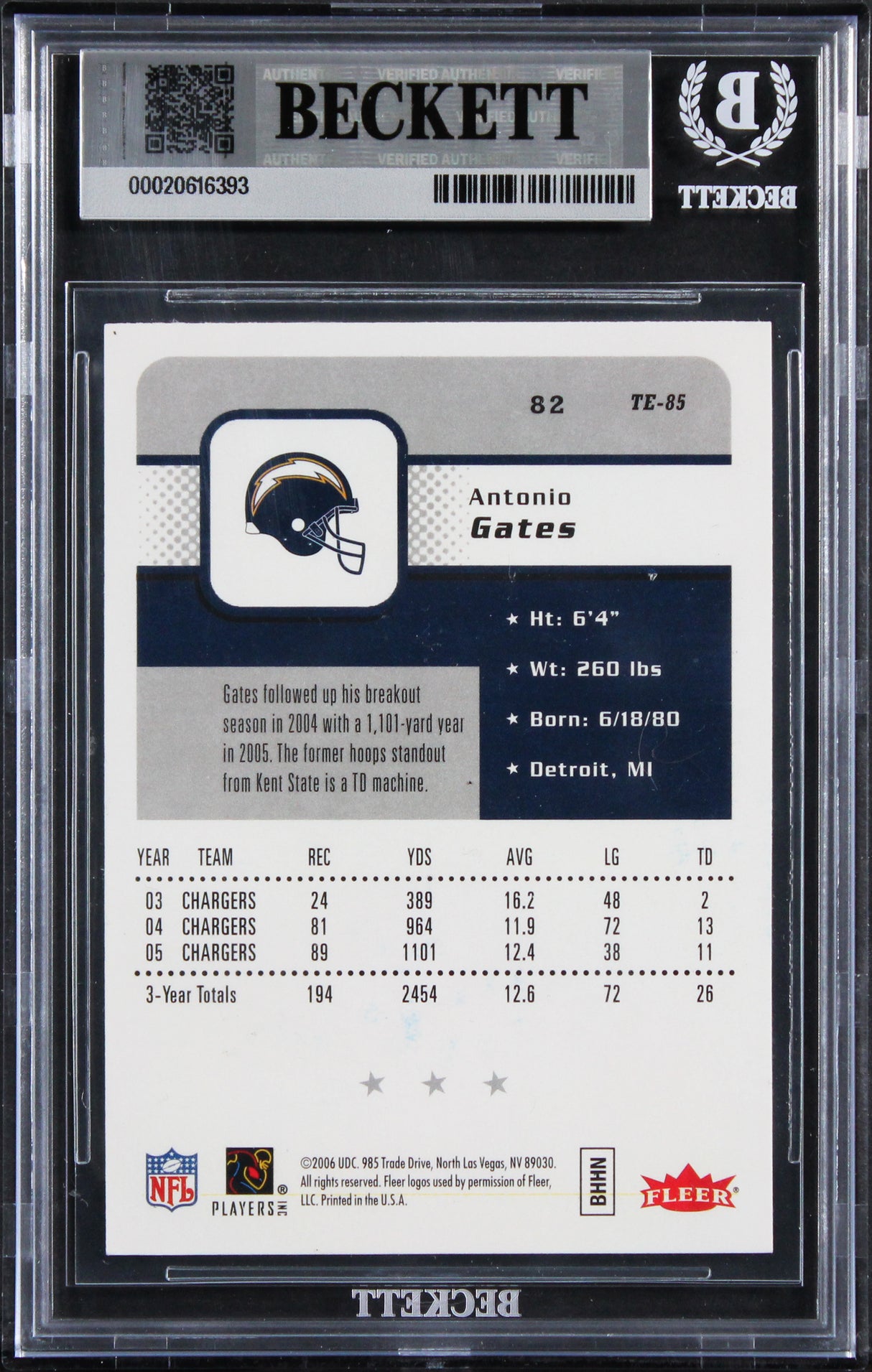 Chargers Antonio Gates Signed 2006 Fleer #82 Card Auto Gem Mint 10! BAS Slabbed