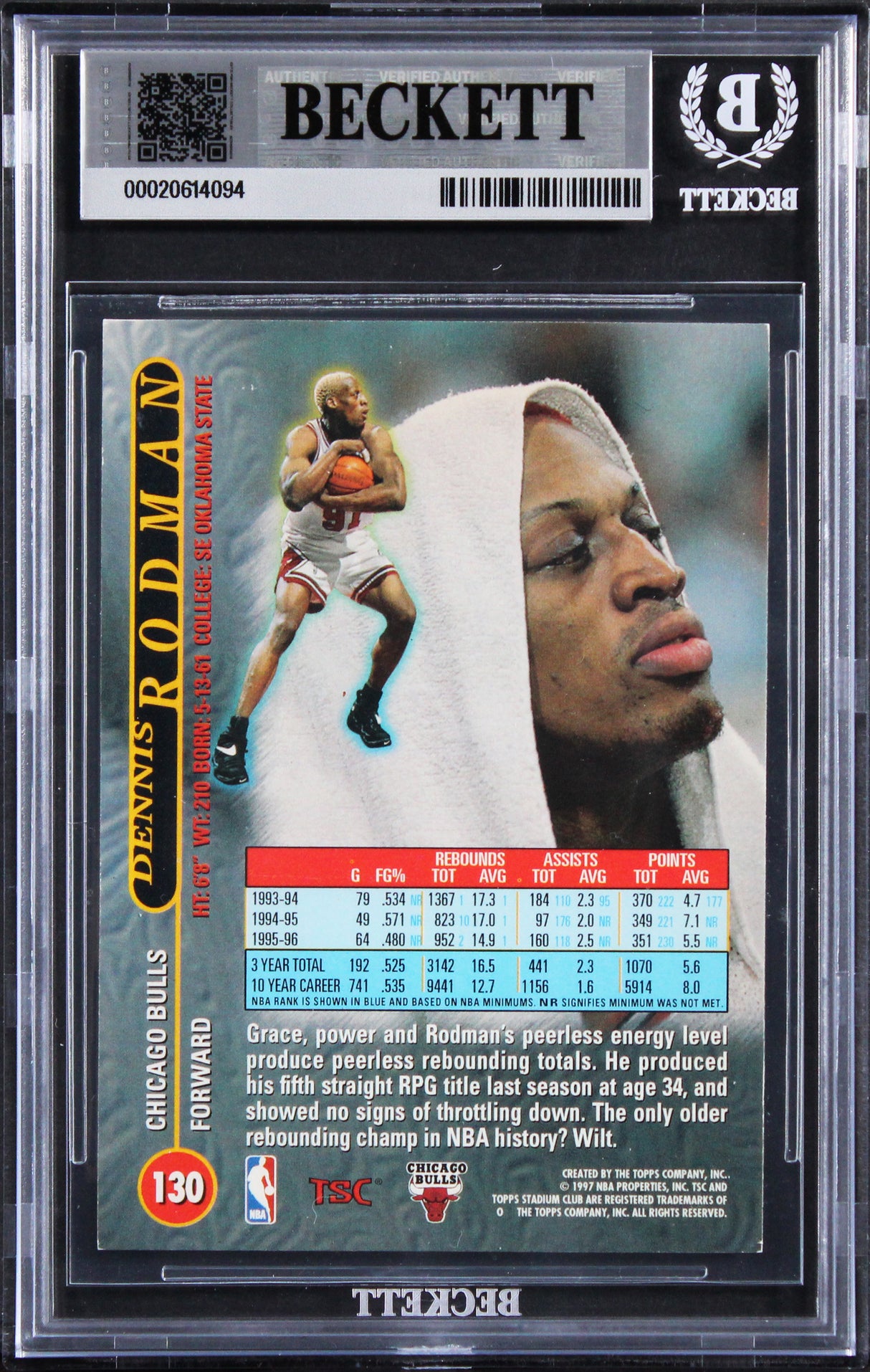 Bulls Dennis Rodman Authentic Signed 1996 Stadium Club #130 Card BAS Slabbed