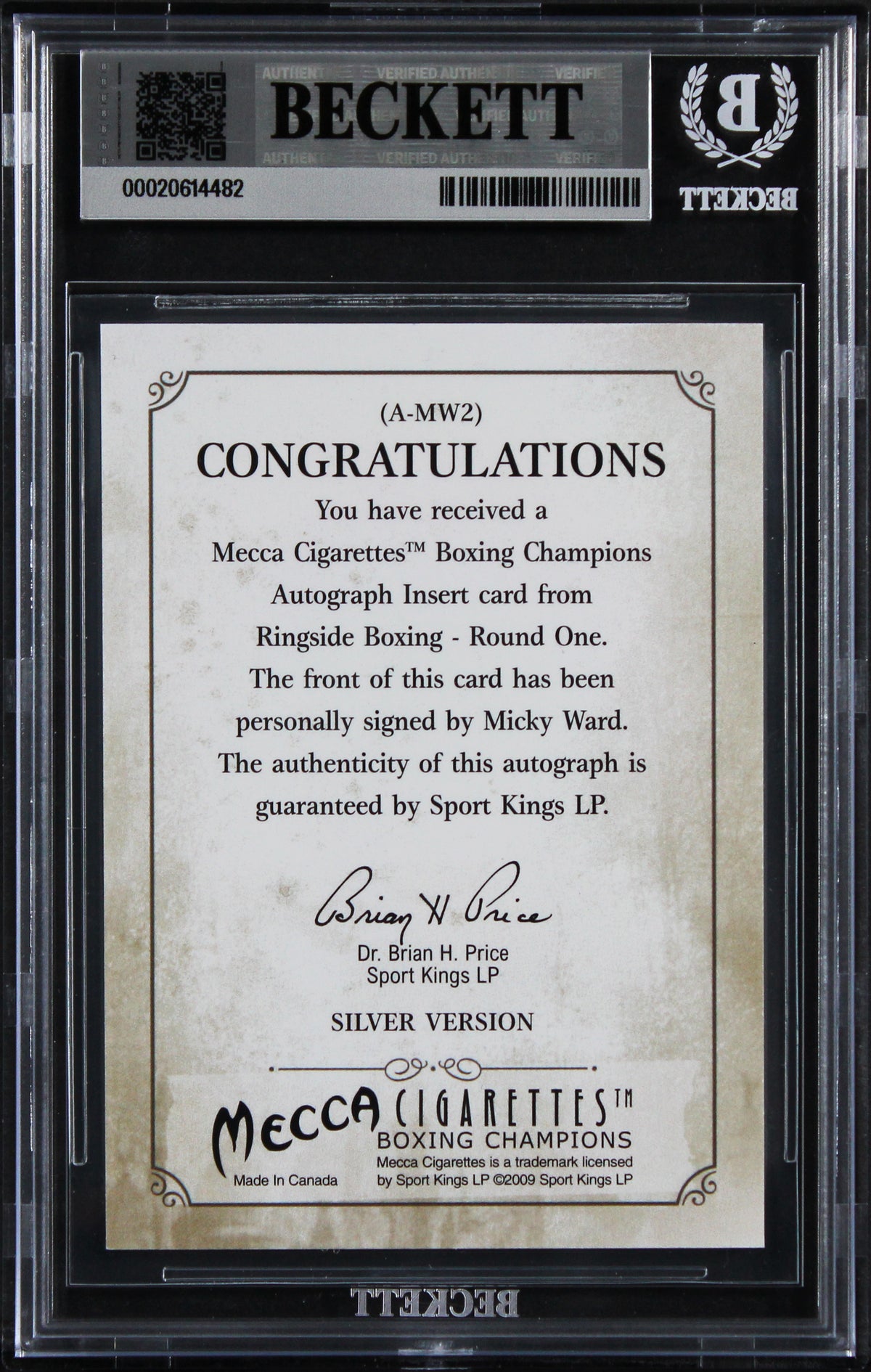 Micky Ward Signed 2010 Ringside Boxing Round One Autographs #AMW2 Card BAS Slab