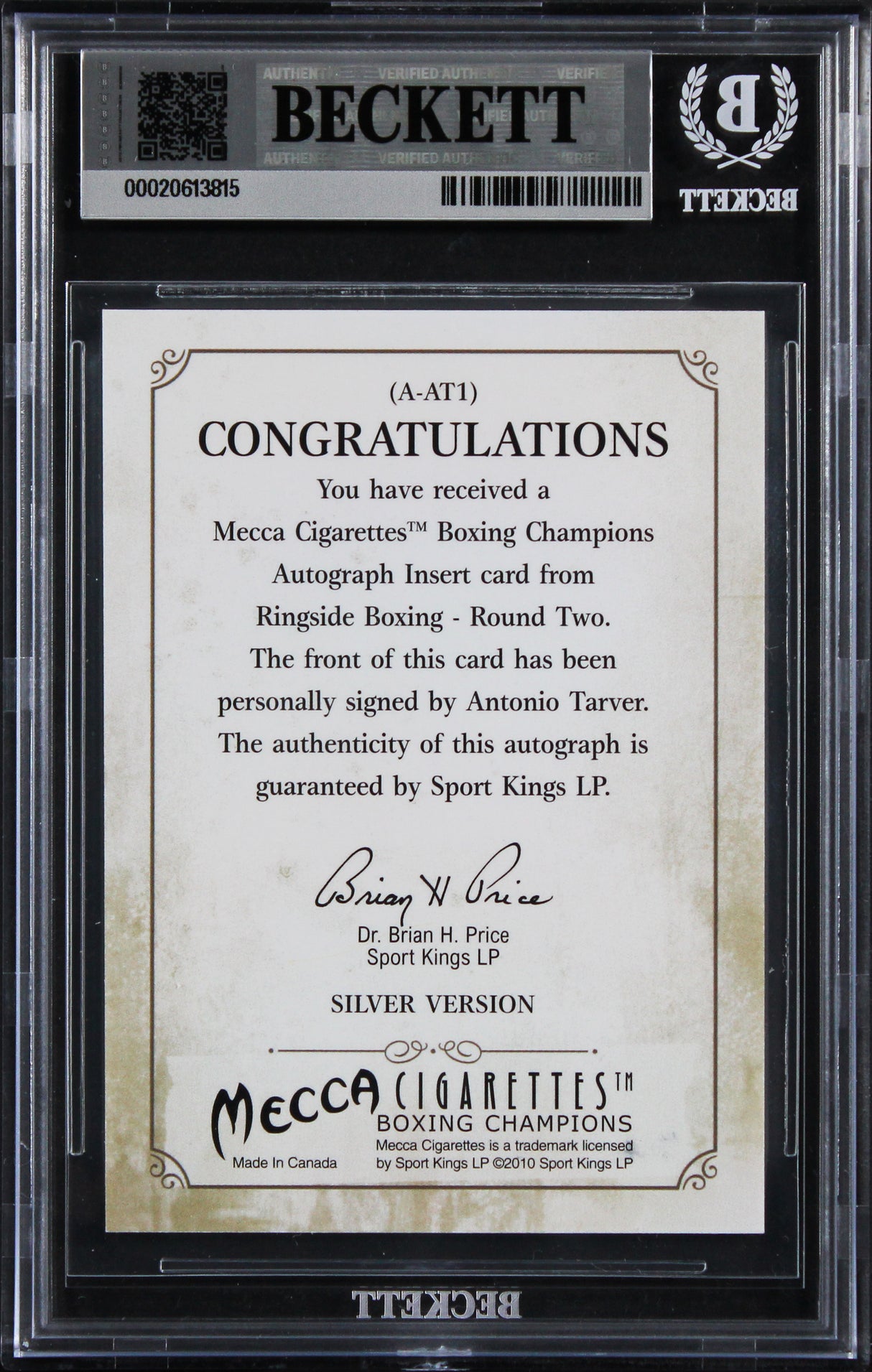 Antonio Tarver Signed 2011 Ringside Boxing Round Two Autos #AAT1 Card BAS Slab