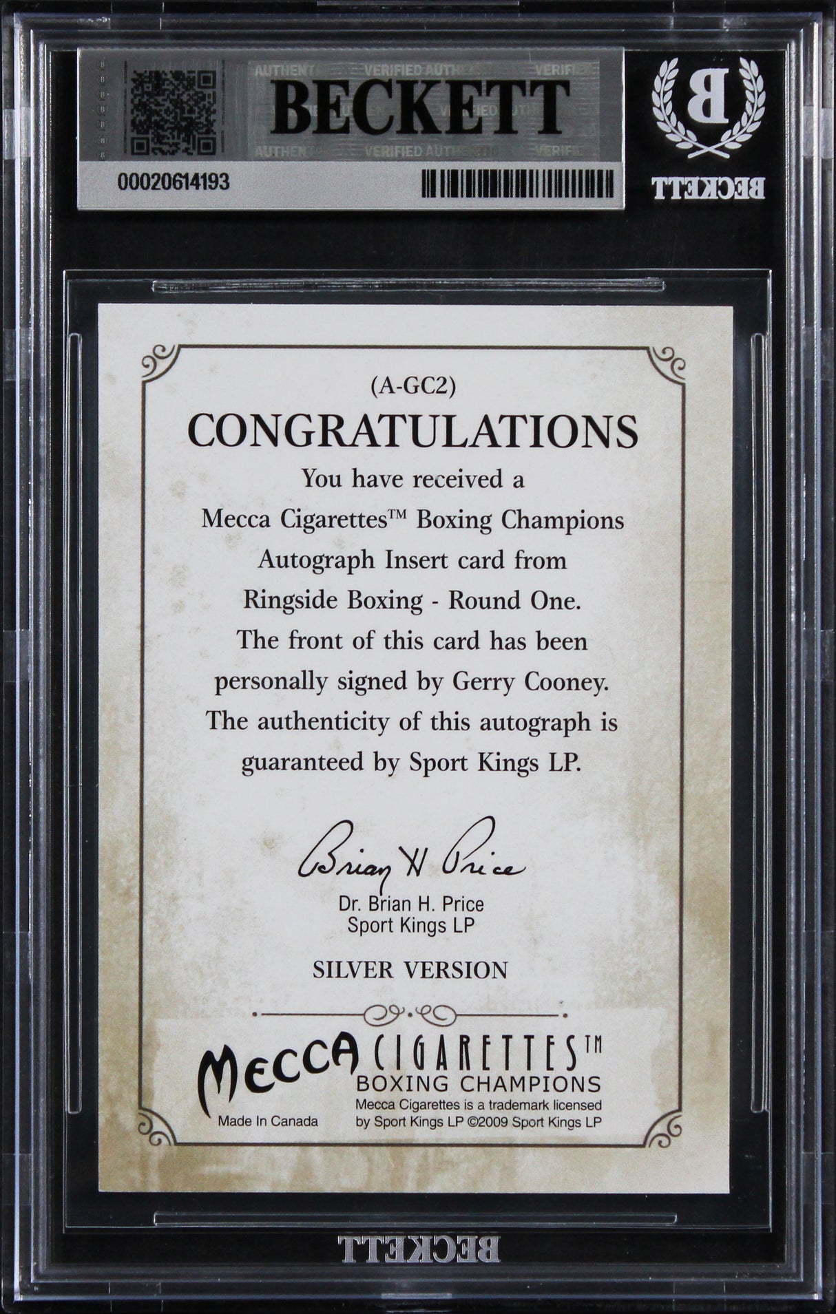 Gerry Cooney Signed 2010 Ringside Boxing Round One Autos #AGC2 Card BAS Slabbed