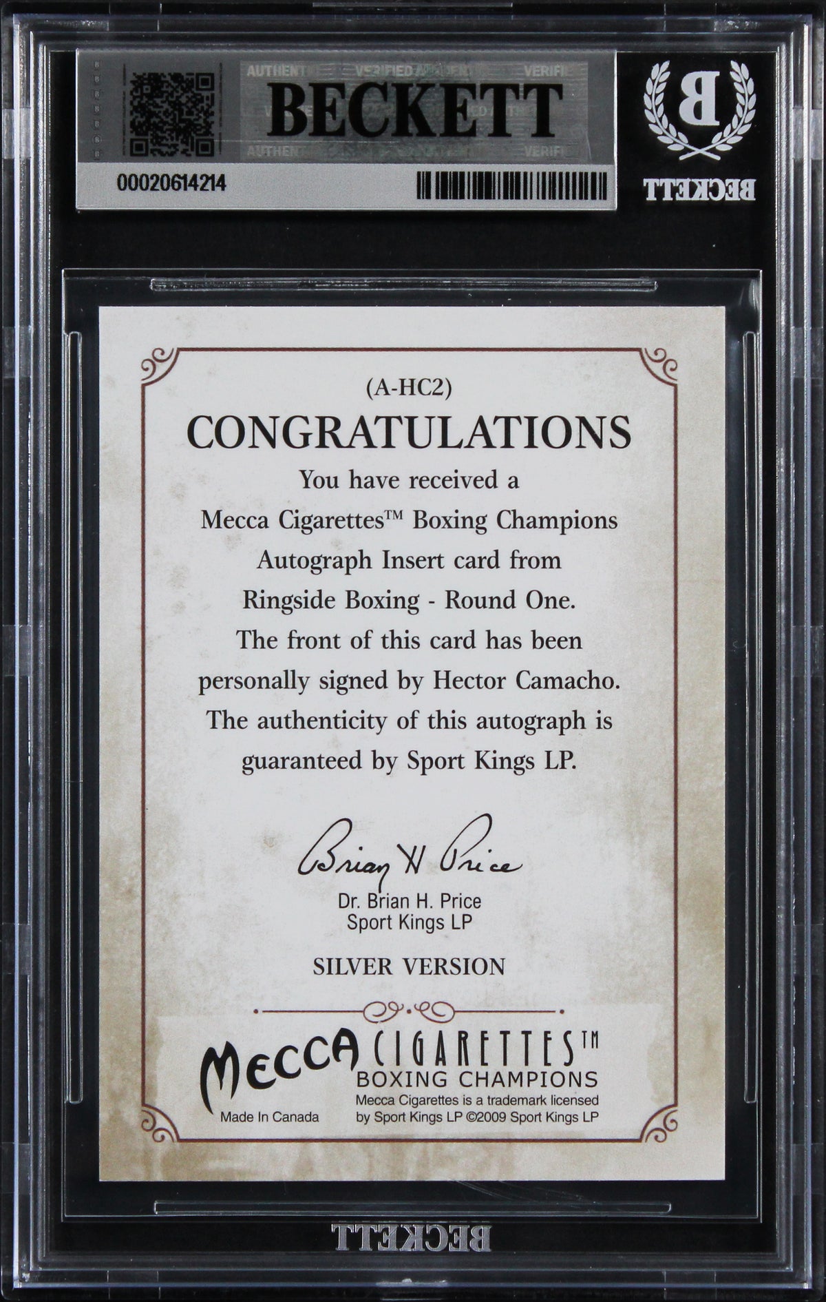 Hector Camacho Signed 2010 Ringside Boxing Round One Autos #AHC2 Card BAS Slab
