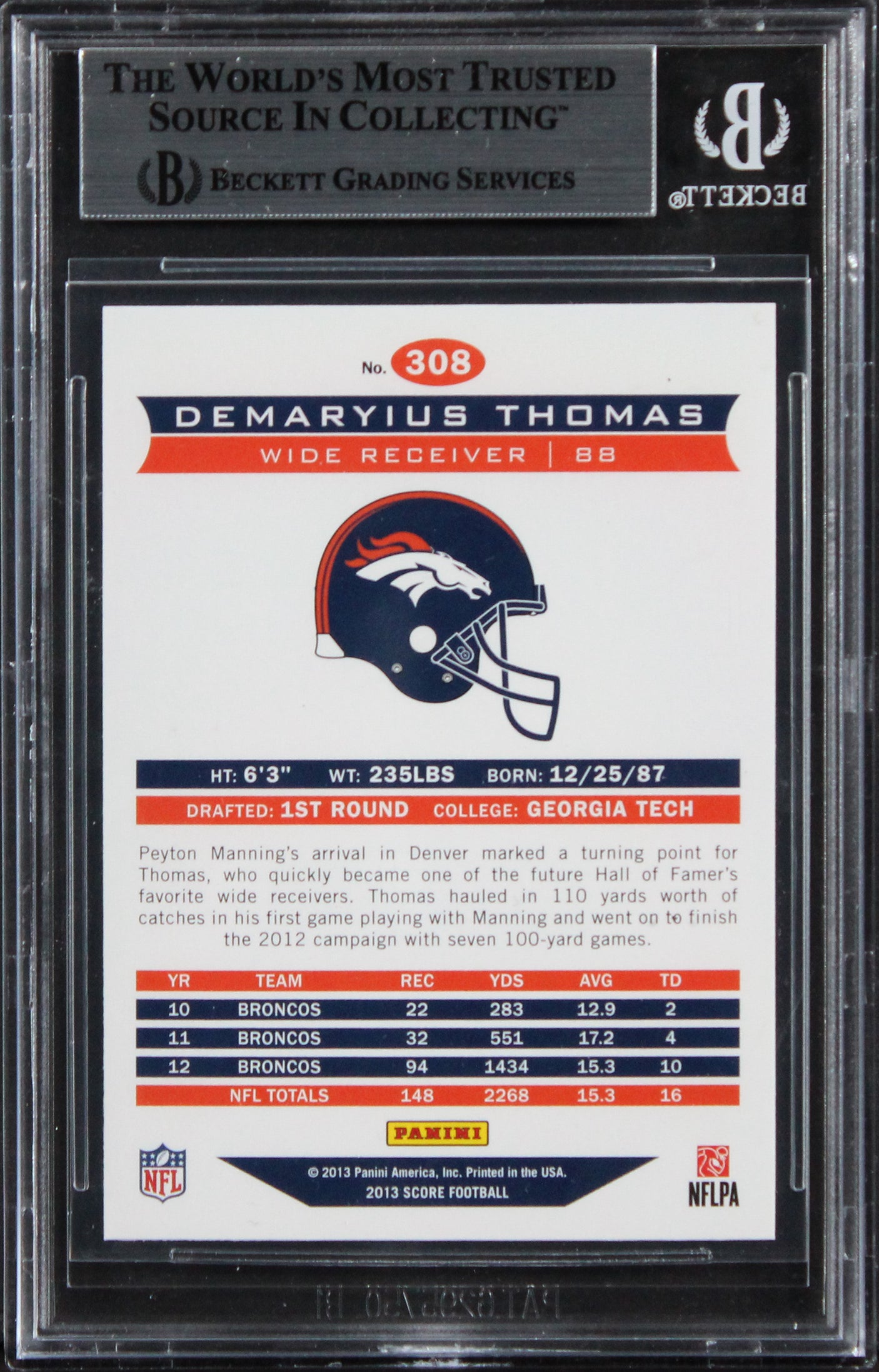 Broncos Demaryius Thomas Signed 2013 Score #308 Card Autographed BAS Slabbed