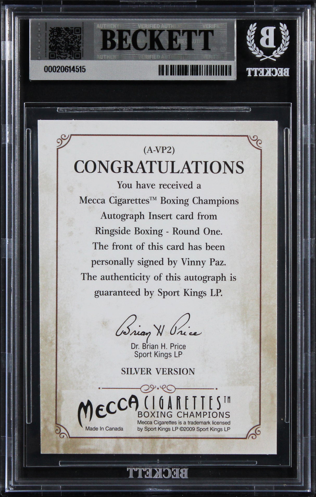 Vinny Pazienza Signed 2010 Ringside Boxing Round One Auto #AVP2 Card BAS Slabbed