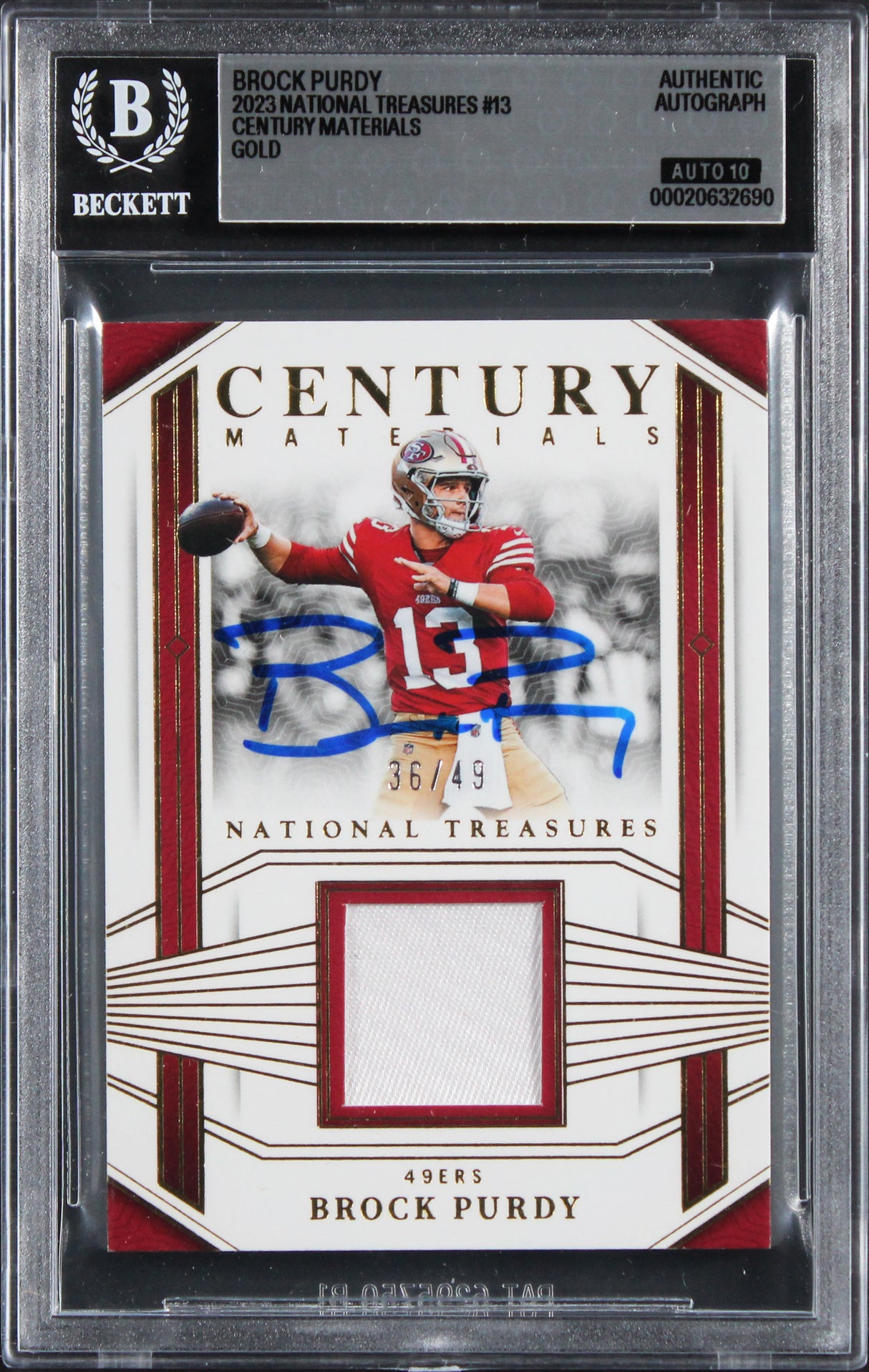 49ers Brock Purdy Signed 2023 National Treasures #13 36/49 Card Auto 10 BAS Slab