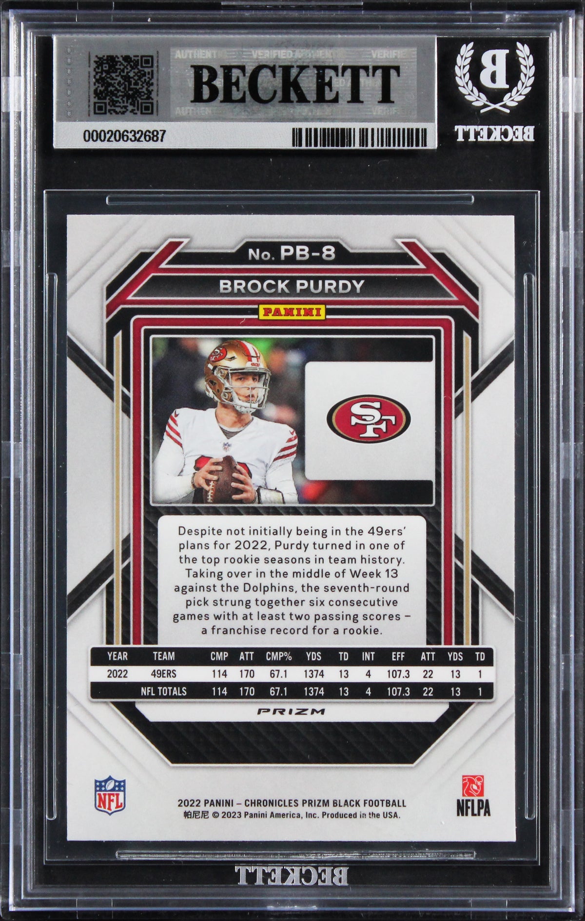 49ers Brock Purdy Signed 2022 Chronicles Prizm Black #8 RC Card Auto 10 BAS Slab