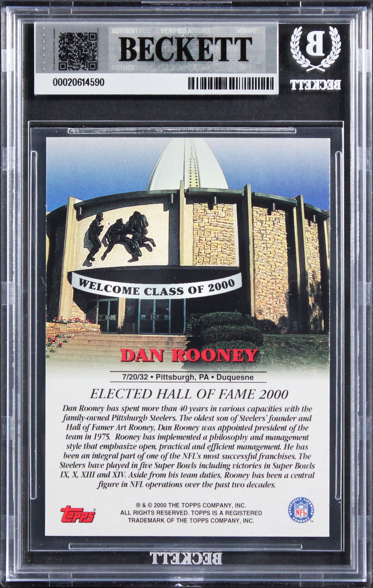Steelers Dan Rooney Signed 2000 Topps Hall Of Fame Class Of 2000 Card BAS Slab