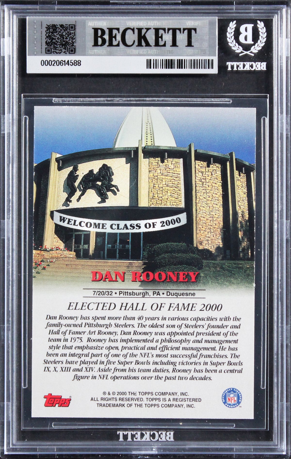 Steelers Dan Rooney Signed 2000 Topps Hall Of Fame Class Of 2000 Card BAS Slab 5