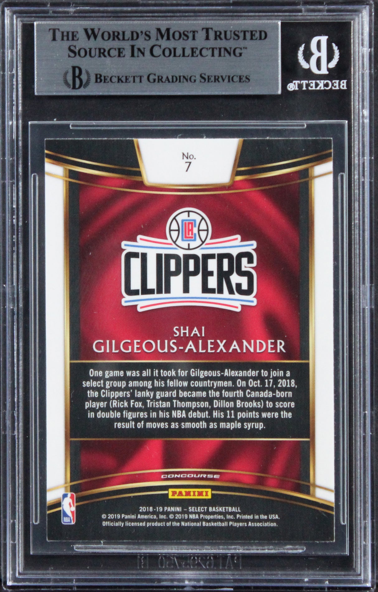 Clippers Shai Gilgeous-Alexander Signed 2018 Select #7 Rookie Card BAS Slabbed