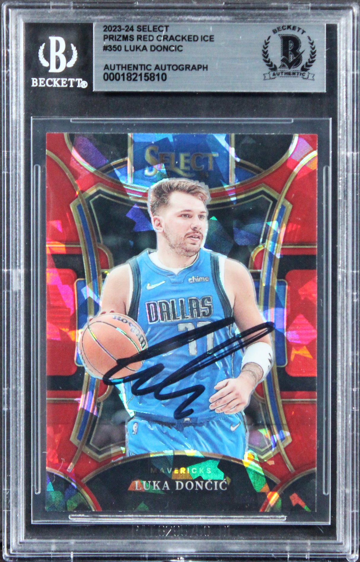 Mavericks Luka Doncic Signed 2023 Select Red Cracked Ice #350 Card BAS Slabbed