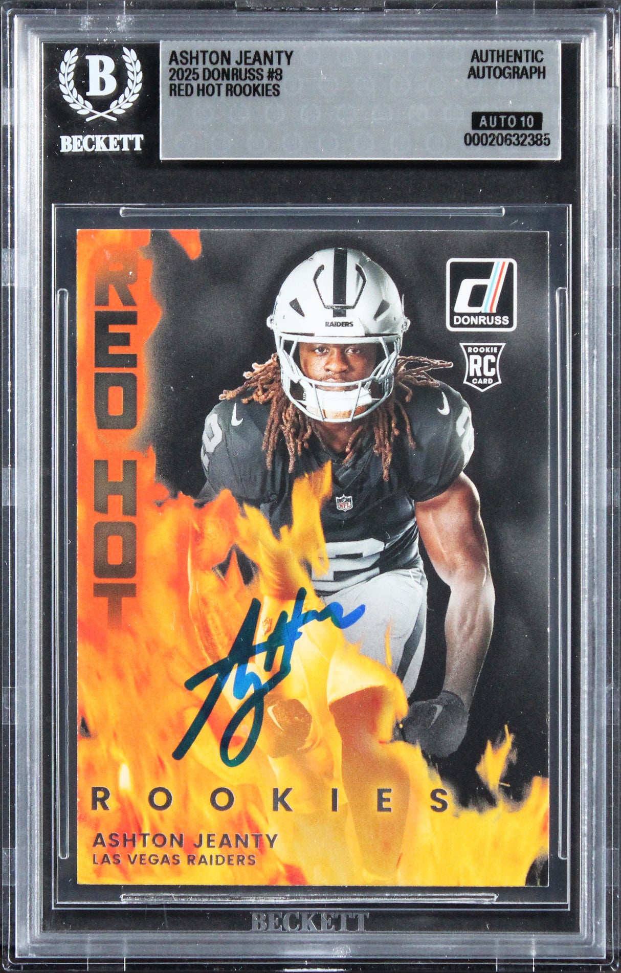 Raiders Ashton Jeanty Signed 2025 Donruss Red Hot #8 RC Card Auto 10! BAS Slab