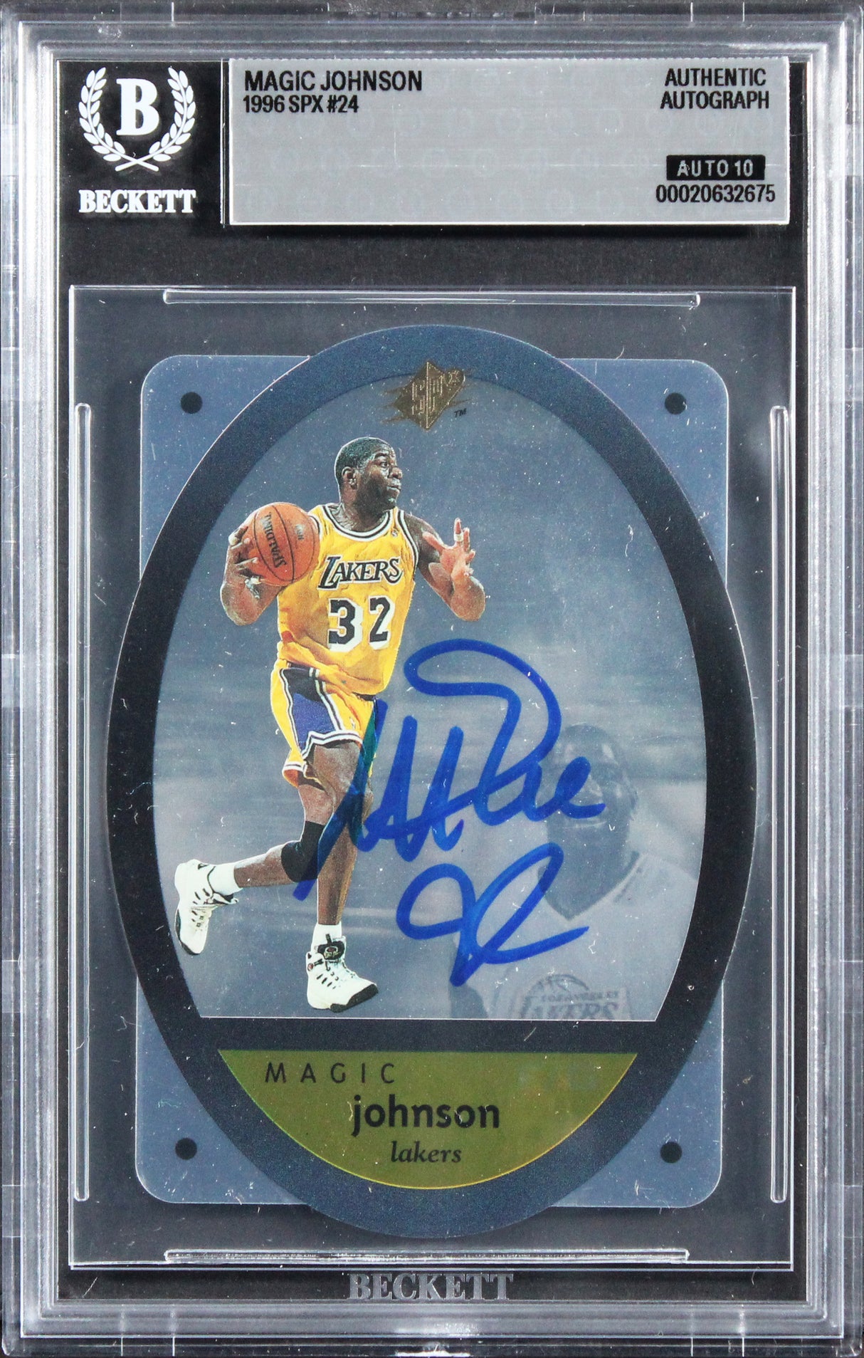Lakers Magic Johnson Signed 1996 SPX #24 Card Auto Grade Gem Mint 10 BAS Slabbed
