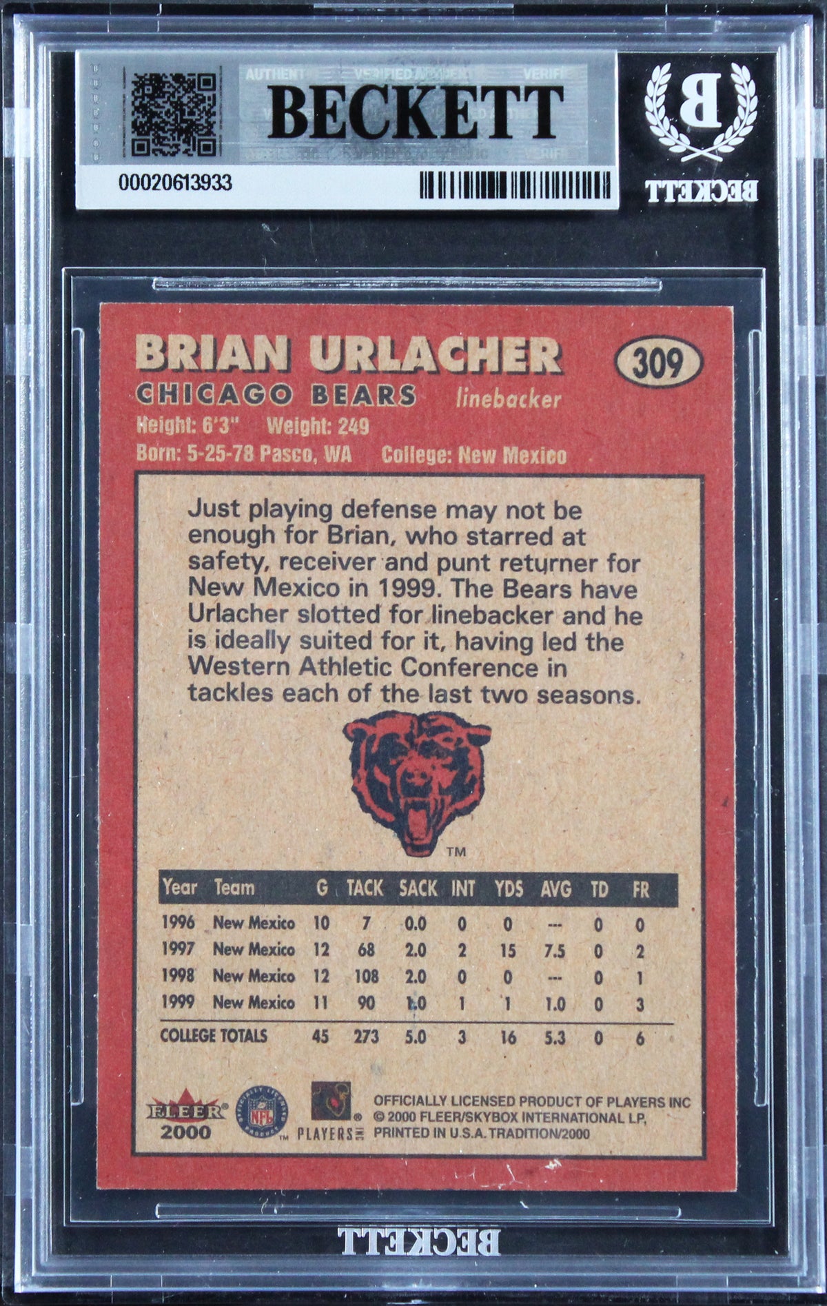 Bears Brian Urlacher "HOF 18" Signed 2000 Fleer Tradition #309 RC Card BAS Slab