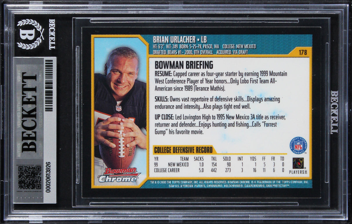 Bears Brian Urlacher "HOF 18" Signed 2000 Bowman Chrome #178 RC Card BAS Slab 2