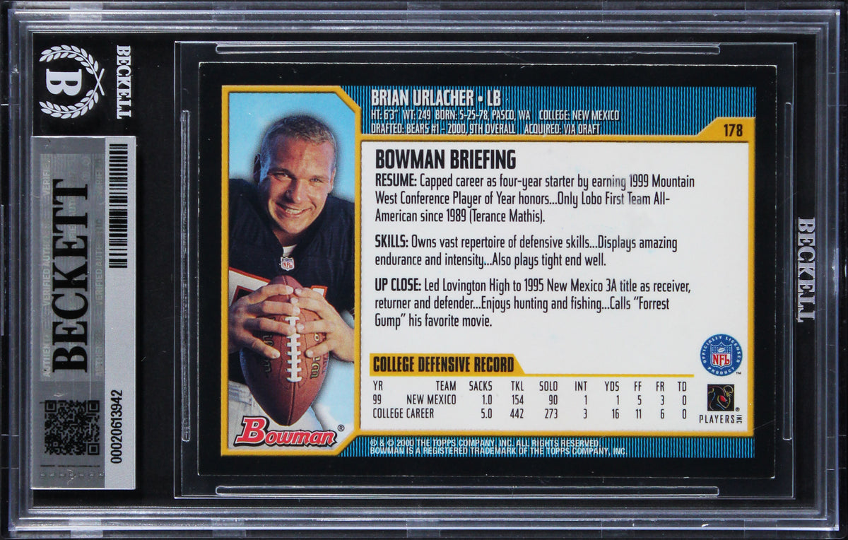 Bears Brian Urlacher "HOF 18" Signed 2000 Bowman #178 Rookie Card BAS Slabbed