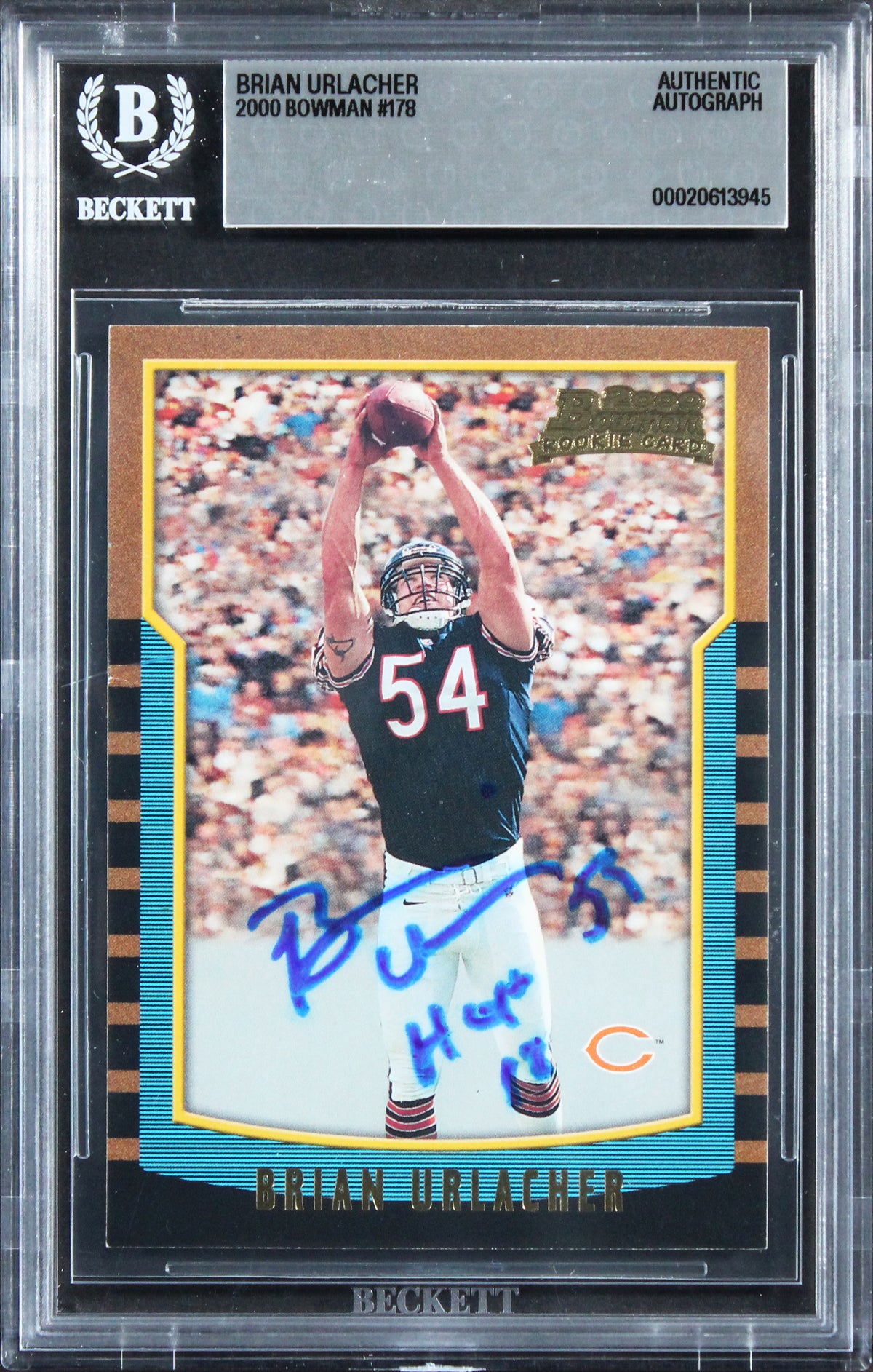 Bears Brian Urlacher "HOF 18" Signed 2000 Bowman #178 Rookie Card BAS Slabbed 4