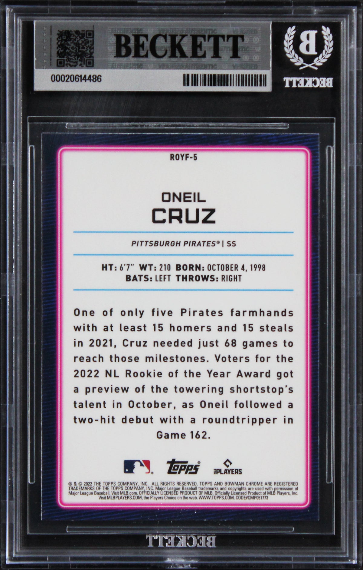 Pirates Oneil Cruz Signed 2022 Bowman Chrome ROTY #ROYF5 Rookie Card BAS Slabbed