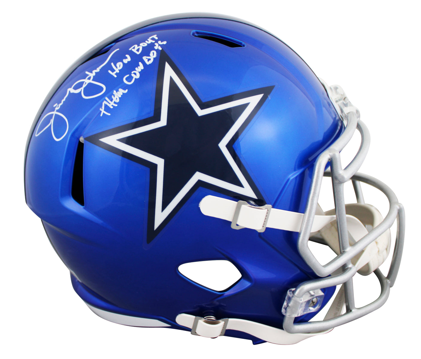 Cowboys Jimmy Johnson "HBTC" Signed Flash Full Size Speed Rep Helmet BAS Witness