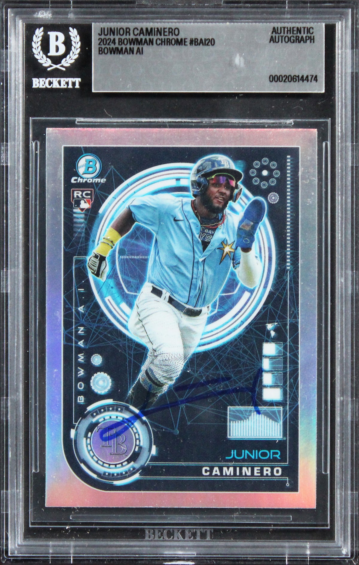 Rays Junior Caminero Signed 2024 Bowman Chrome AI #BAI20 Rookie Card BAS Slabbed