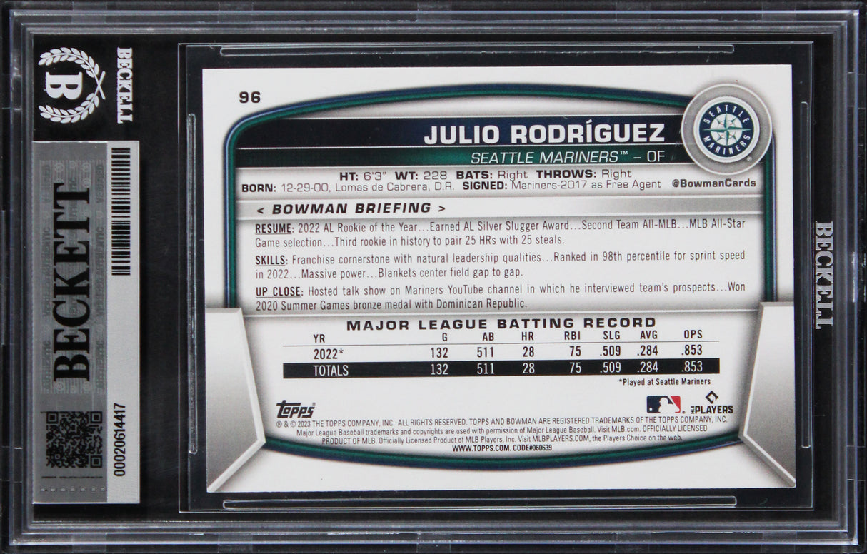 Mariners Julio Rodriguez Authentic 2023 Bowman #96 Card Autographed BAS Slabbed