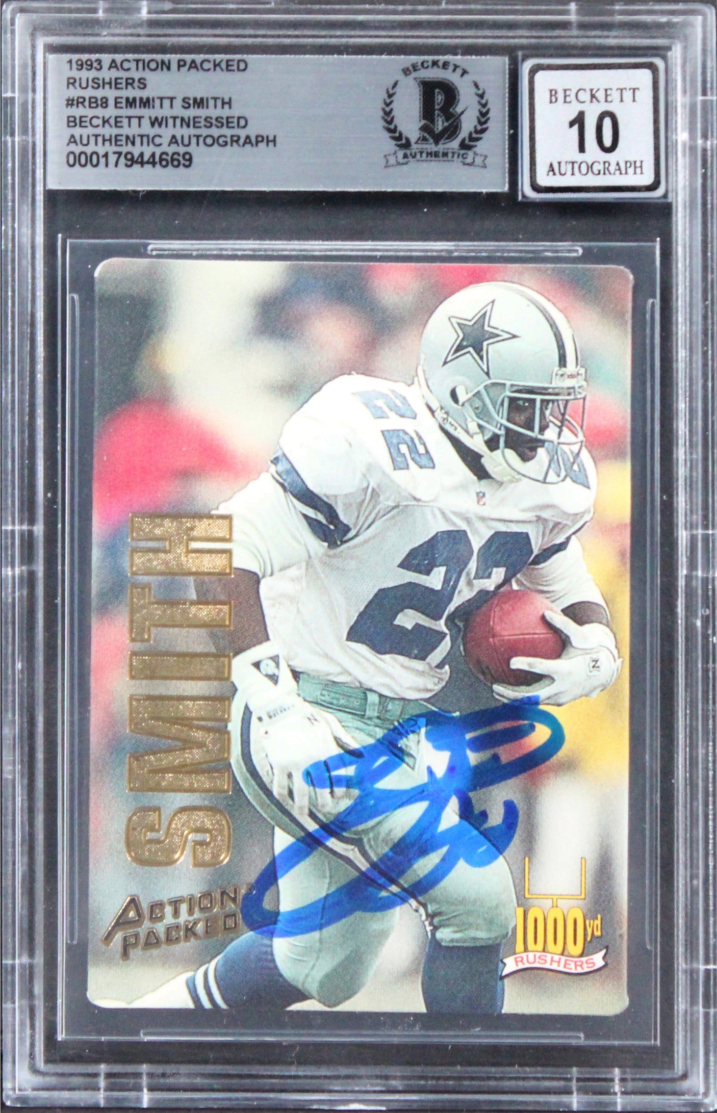 Emmitt Smith Signed 1993 Action Packed Rushers #RB8 Card Auto 10! BAS Slabbed