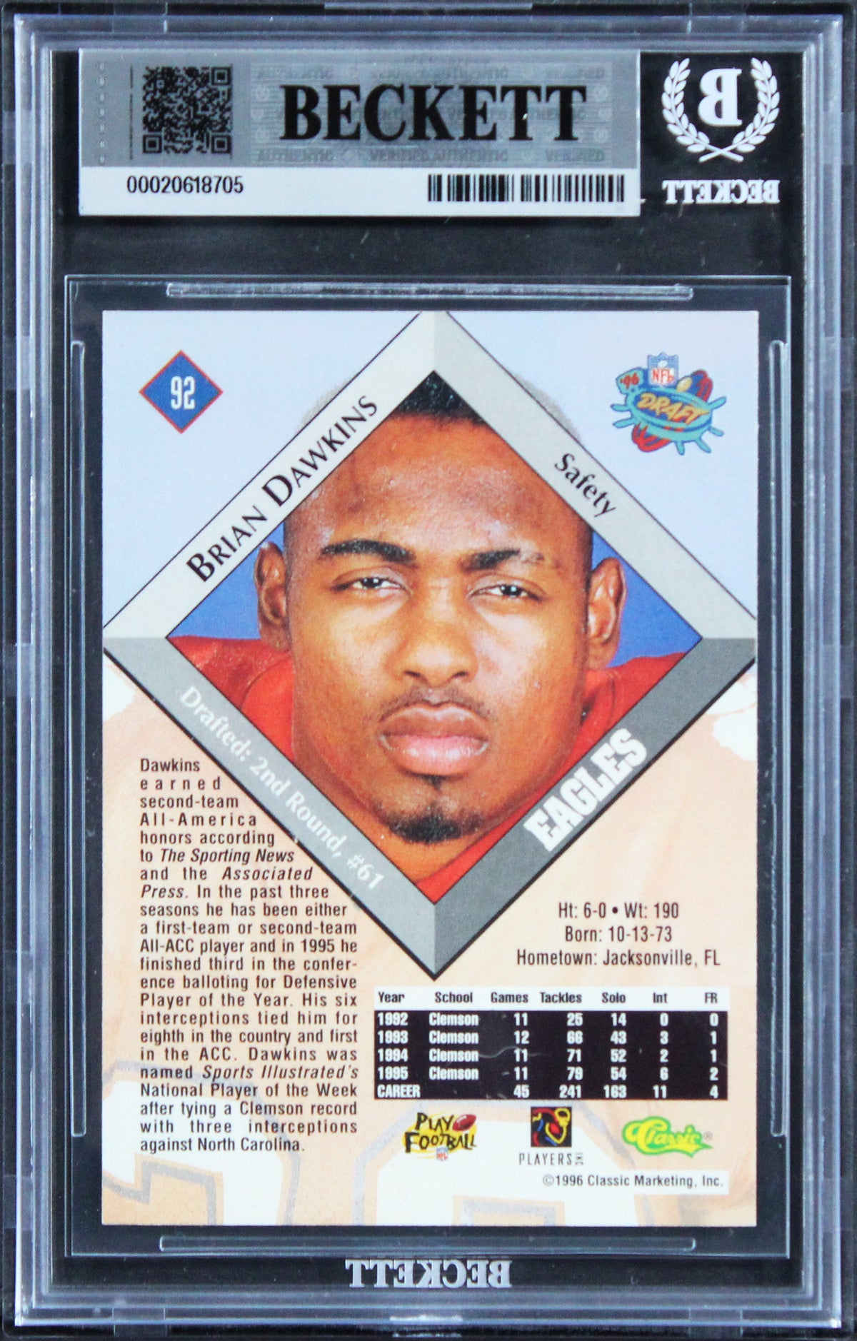 Eagles Brian Dawkins Signed 1996 Classic NFL Rookies #92 Rookie Card BAS Slabbed
