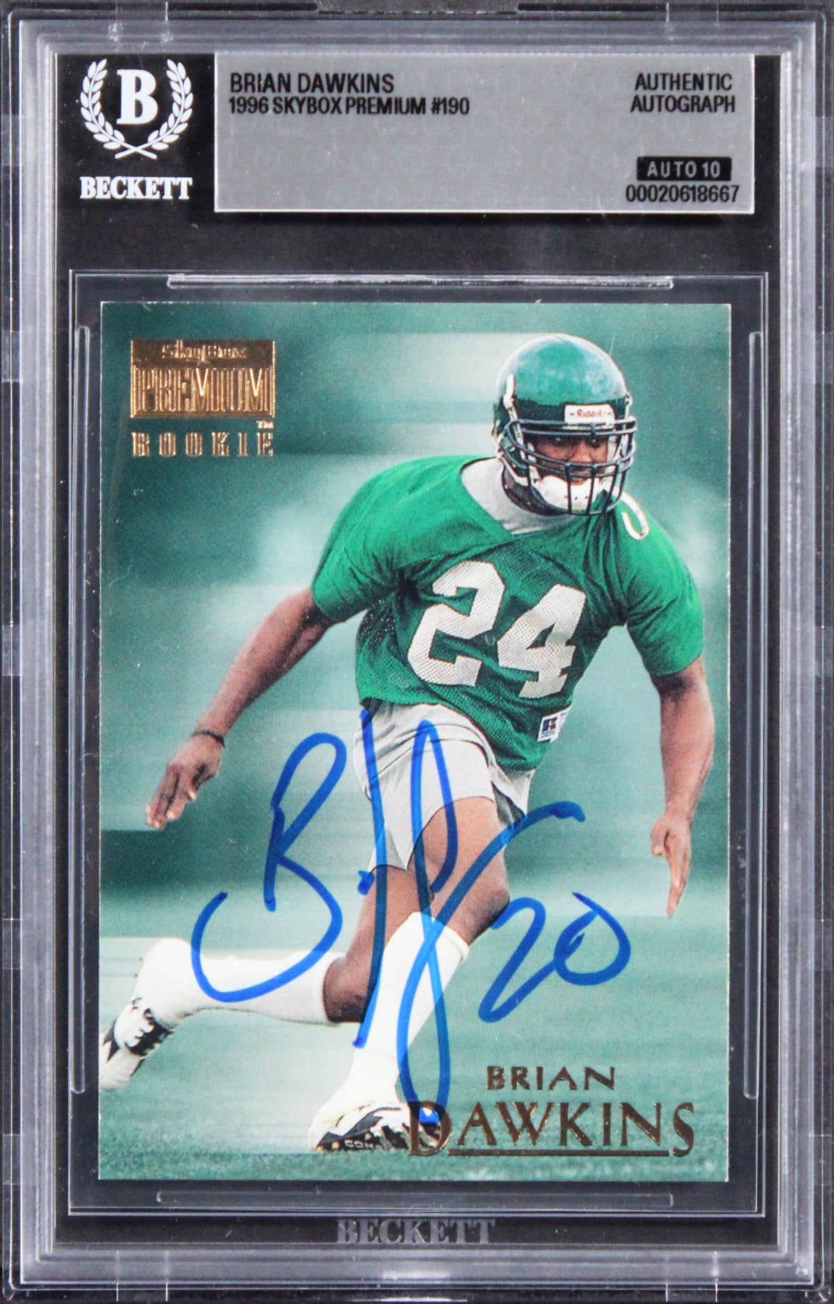 Eagles Brian Dawkins Signed 1996 Skybox Premium #190 RC Card Auto 10! BAS Slab