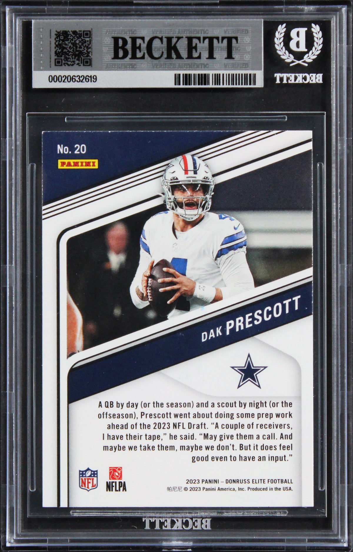 Cowboys Dak Prescott Signed 2023 Elite Green Disco #20 Card Auto 10! BAS Slabbed