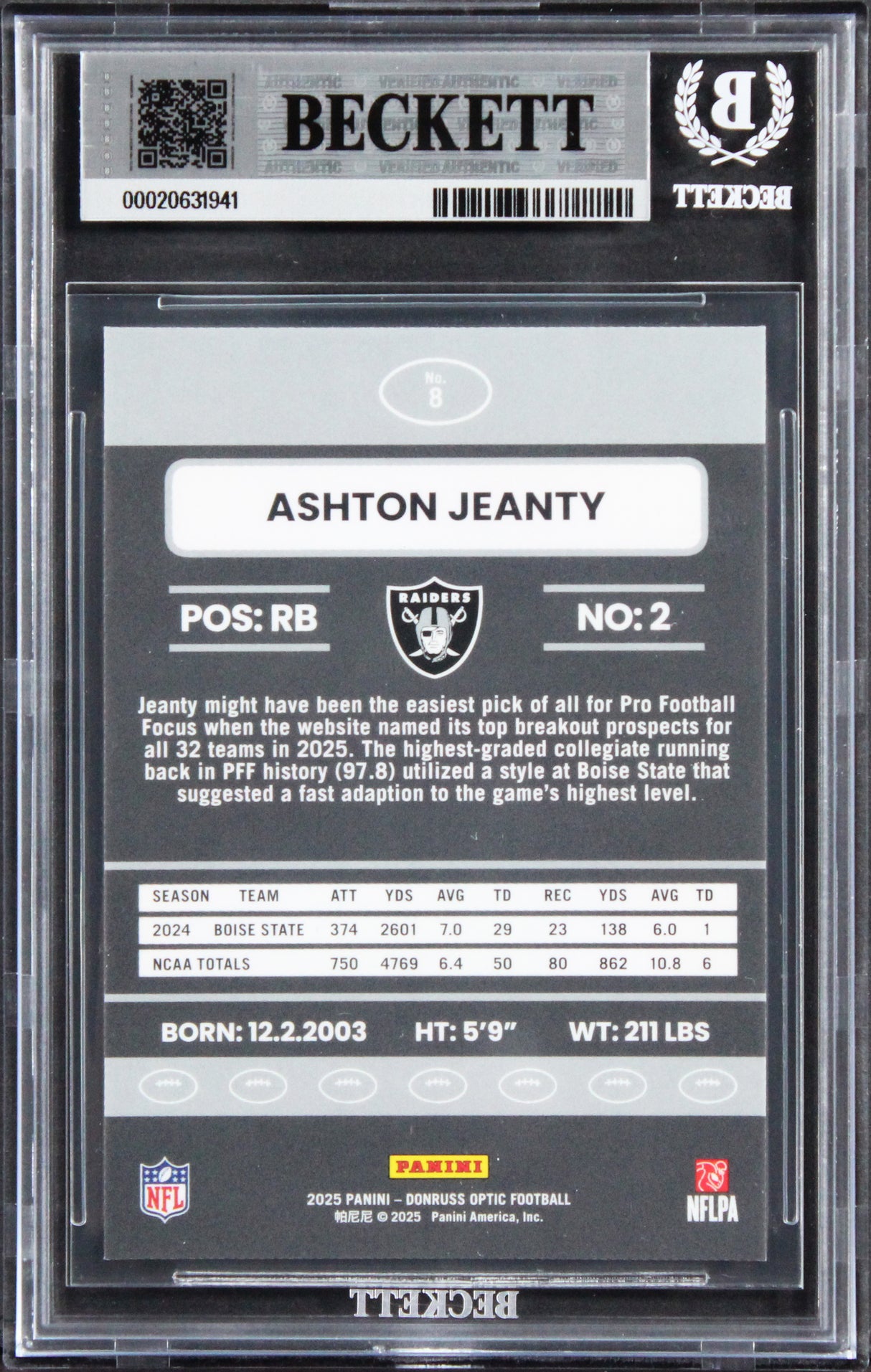 Raiders Ashton Jeanty Signed 2025 Donruss Optic #8 Rookie Card Auto 10! BAS Slab