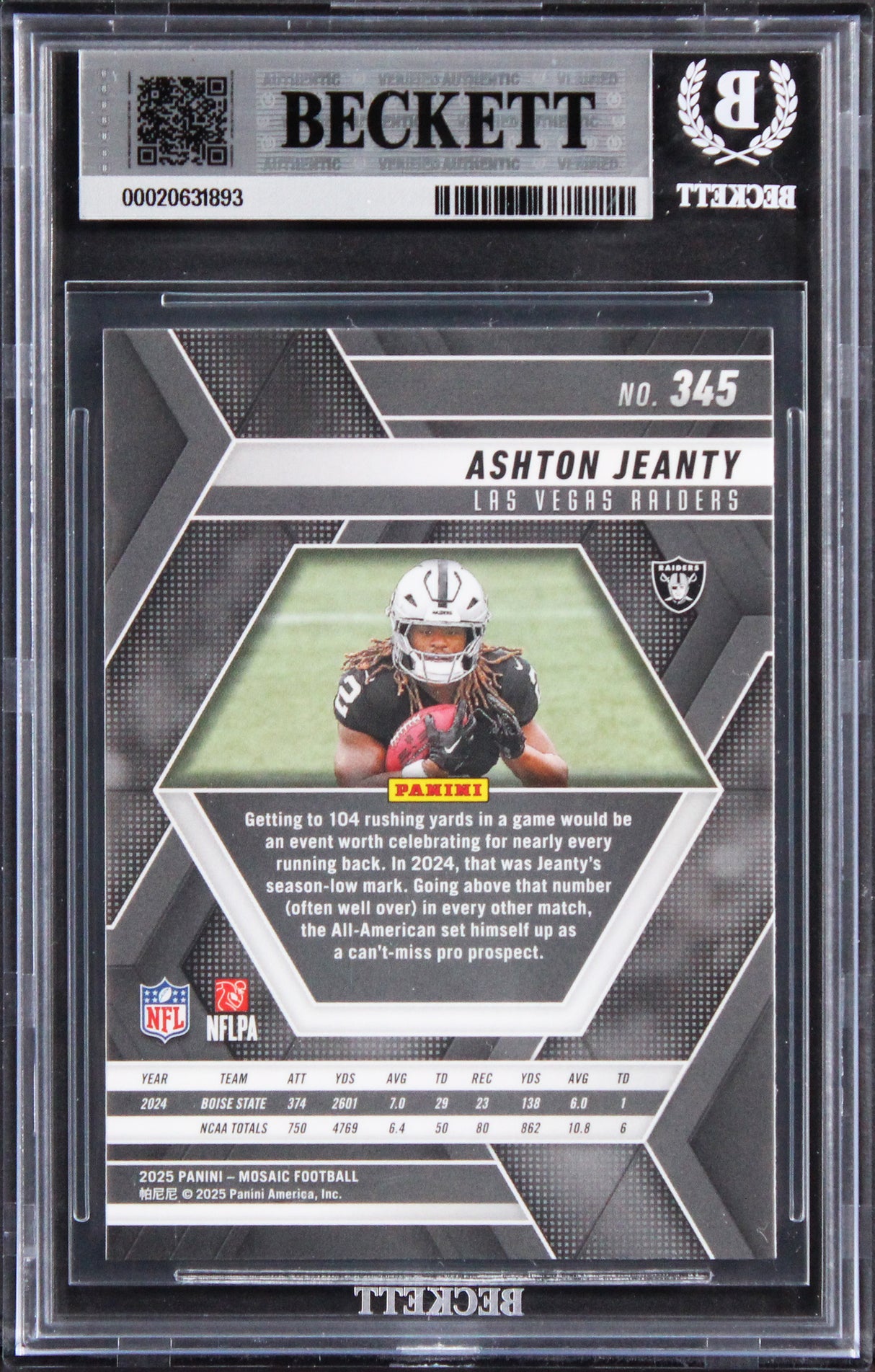 Raiders Ashton Jeanty Signed 2025 Panini Mosaic #345 RC Card Auto 10! BAS Slab