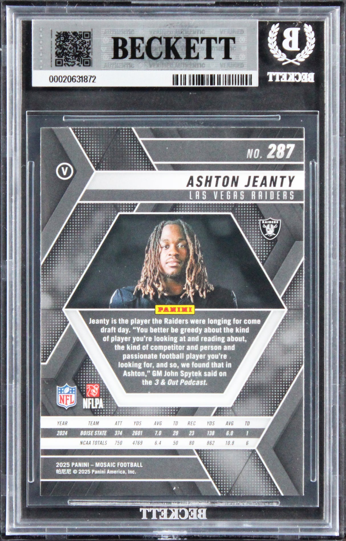 Raiders Ashton Jeanty Signed 2025 Panini Mosaic #287 RC Card Auto 10! BAS Slab