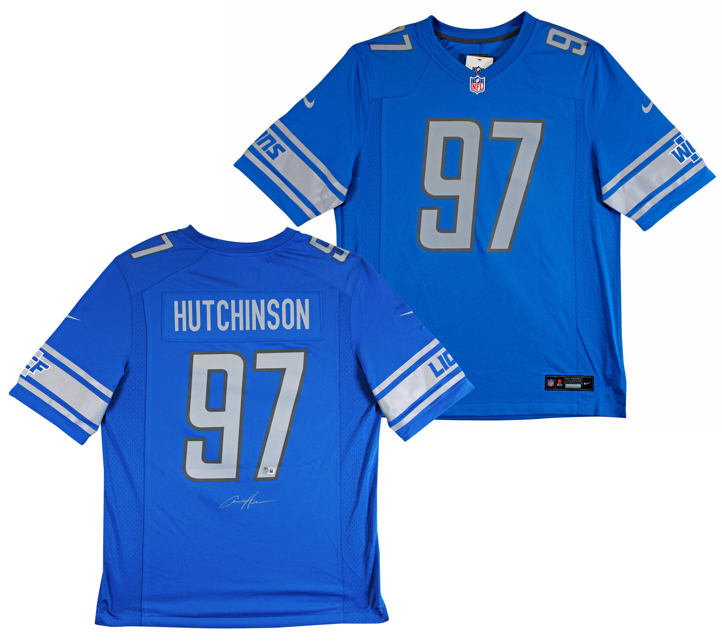 Lions Aidan Hutchinson Signed Blue Nike Game Jersey w/ Silver Sig BAS Witnessed