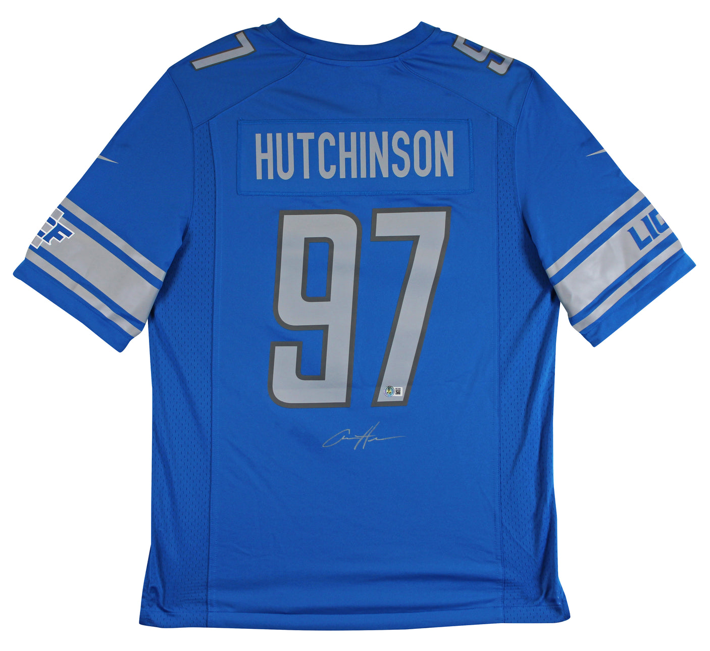 Lions Aidan Hutchinson Signed Blue Nike Game Jersey w/ Silver Sig BAS Witnessed