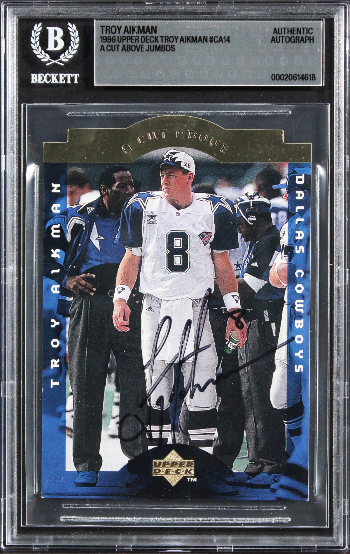 Cowboys Troy Aikman Signed 1996 Upper Deck Jumbos #CA14 5x7 Card BAS Slabbed