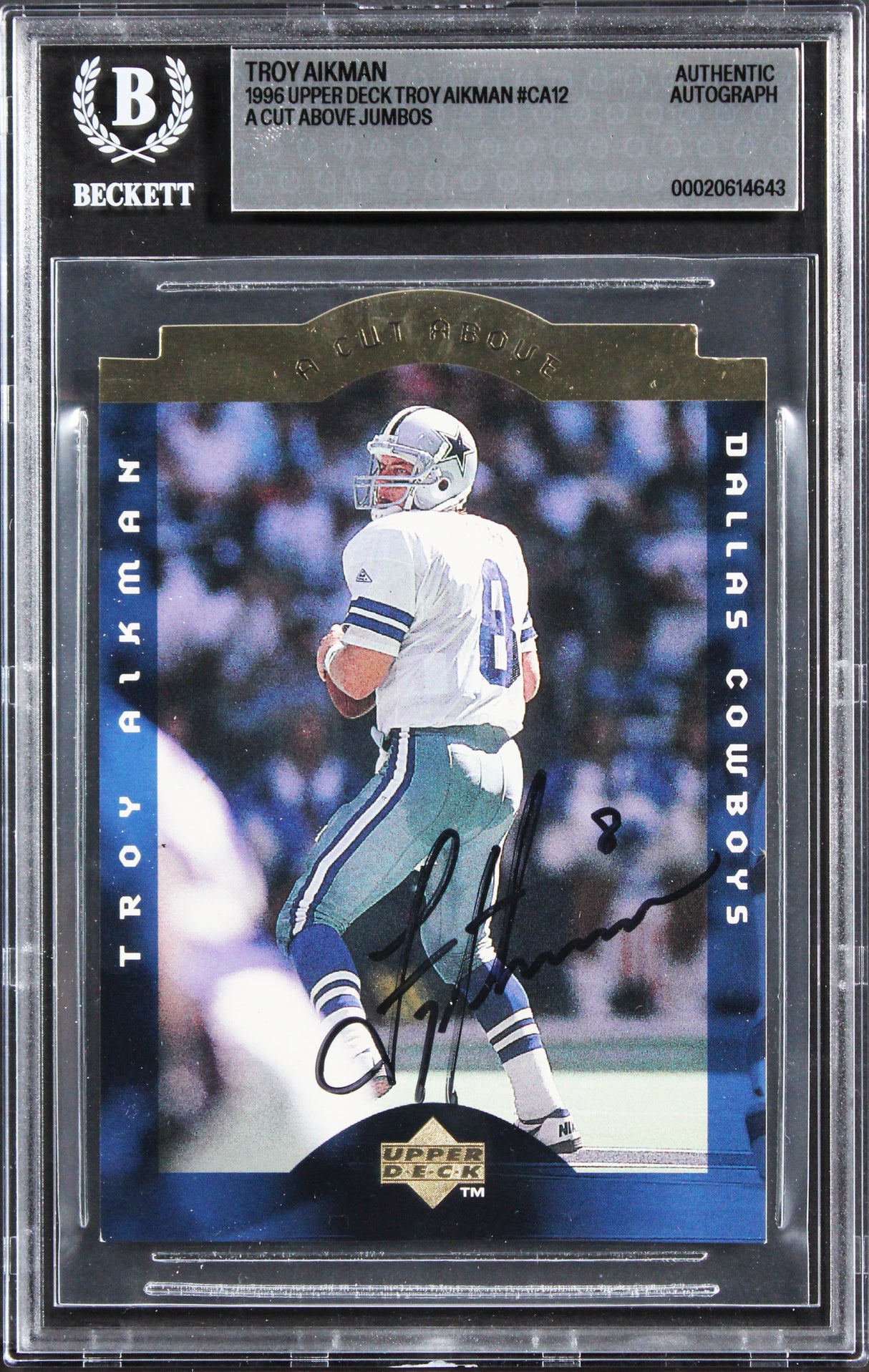 Cowboys Troy Aikman Signed 1996 Upper Deck Jumbos #CA12 5x7 Card BAS Slabbed