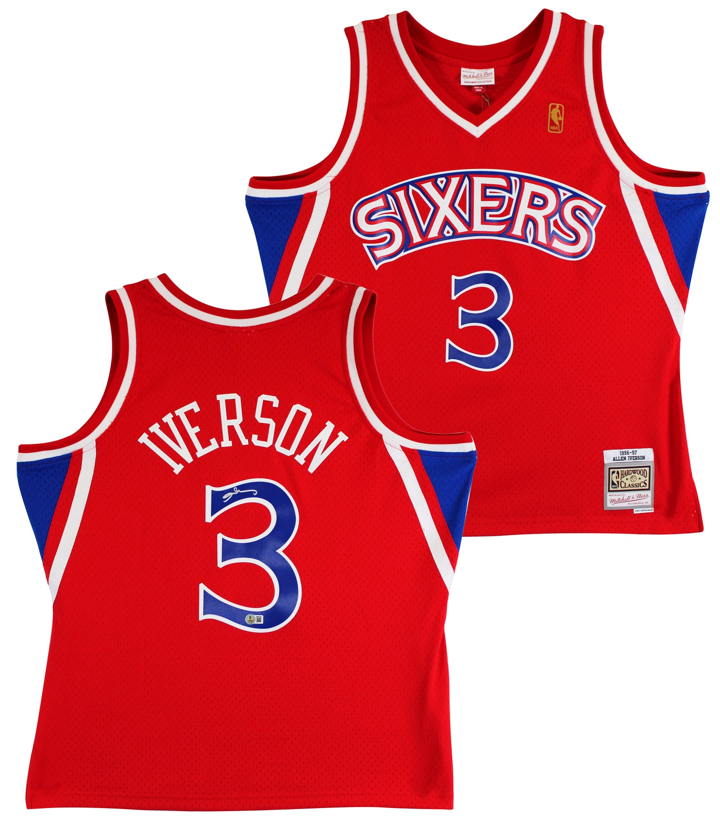 76ers Allen Iverson Signed Red 1996-97 M&N HWC Swingman Jersey BAS Witnessed